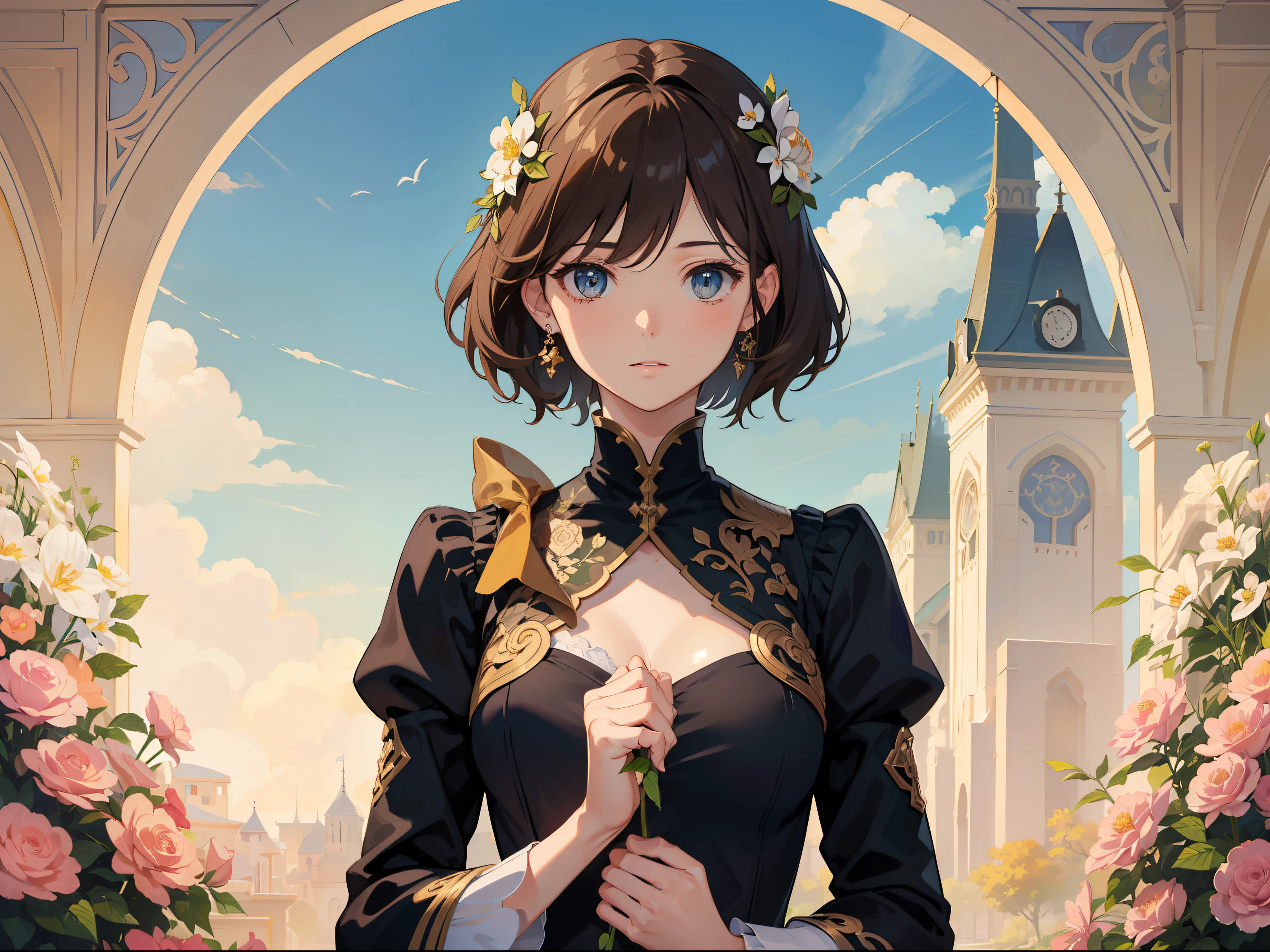 Official Art, Masterpiece European female, short hair, pale brown hair , brown eyes, (masterpiece、top-quality、hight resolution: 1.4),in 8K, Drawing of a woman with short pale brown hair, Anime Art Nouveau, highly detailed exquisite fanart, anime fantasy illustration, clean detailed anime art, detailed anime art, Sharp Focus, Delicate Beautiful Hair and Eyes and Face, realisitic, ultra-detailliert, flower garden, only one person