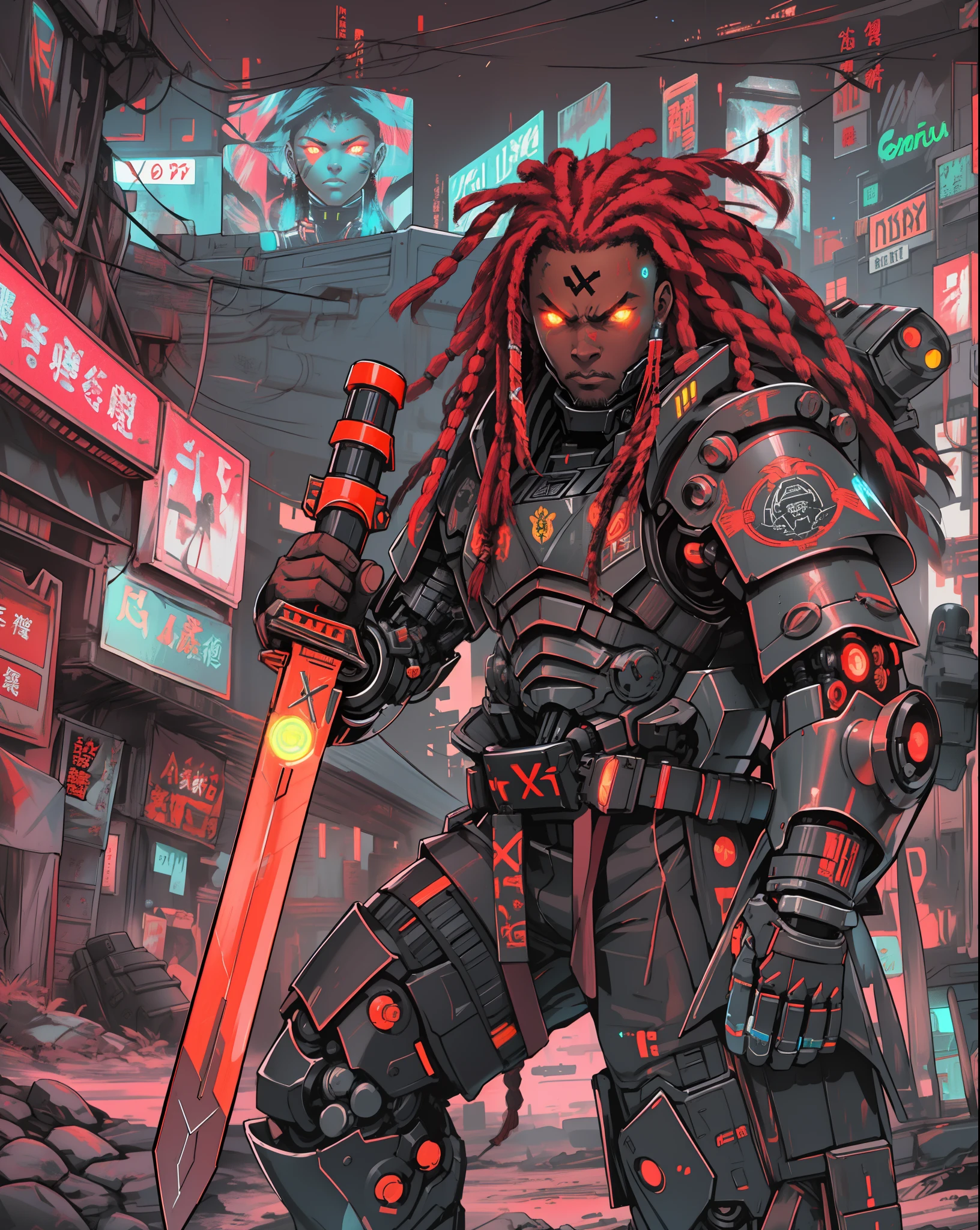 RAGE UNLEASHED, ANGRY, african american man cyborg soldier with dual samurai sword, red long dreadlocks, glowing neon X eyes, with shot gun on the side, heavy mecha armor, cybernetic, cyberpunk, colourful japanese stickers on armor, on planet venus, wasteland, apocalypse, baren venus planet, cinematic, volume lighting