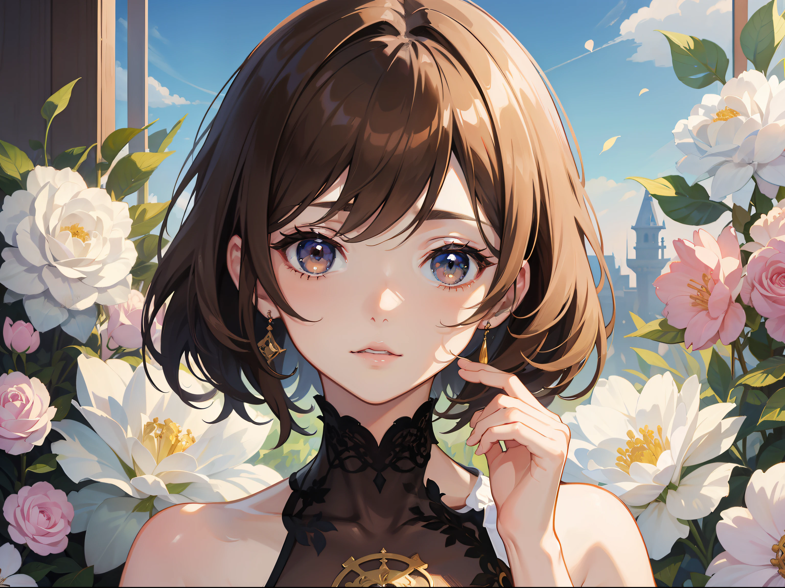 Official Art, Masterpiece European female, short hair, pale brown hair , brown eyes, (masterpiece、top-quality、hight resolution: 1.4),in 8K, Drawing of a woman with short pale brown hair, Anime Art Nouveau, highly detailed exquisite fanart, anime fantasy illustration, clean detailed anime art, detailed anime art, Sharp Focus, Delicate Beautiful Hair and Eyes and Face, realisitic, ultra-detailliert, flower garden, only one person
