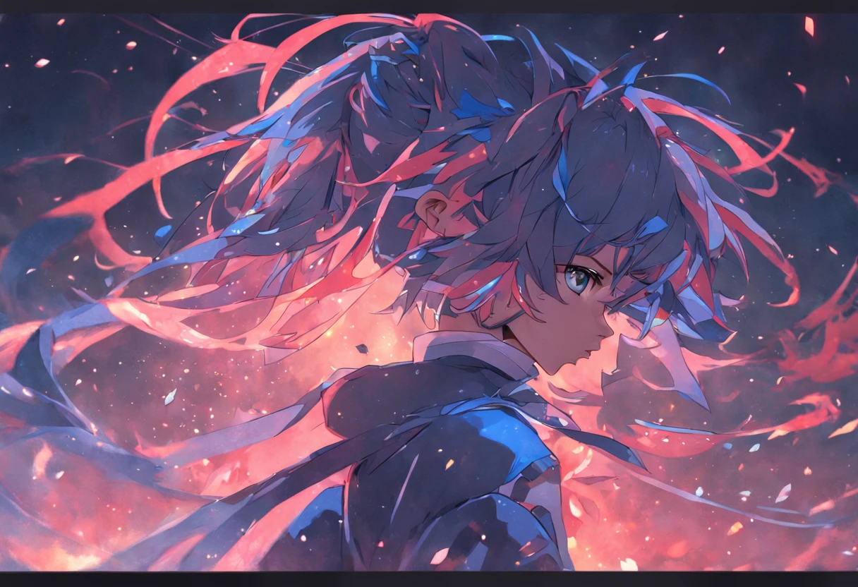 Video game player, technological scenario, azul, estilo anime combinado com desenho, ultra realista, 4k, olhar de asassino, cabelo topetre
