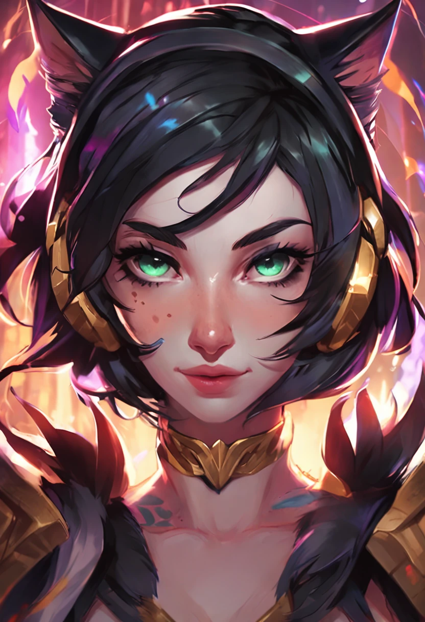 a close up of a girl in fur with black short hair, cat ears, vastaya, peacock feathers in her hair healer alchemist, spiritual, cat ears , league of legends splash art, league of legends splashart, league of legends art, league of legends concept art, splash art, league of legends character art, league of legends character, katarina, riot games concept art, official splash art, league of legends style art, from league of legends