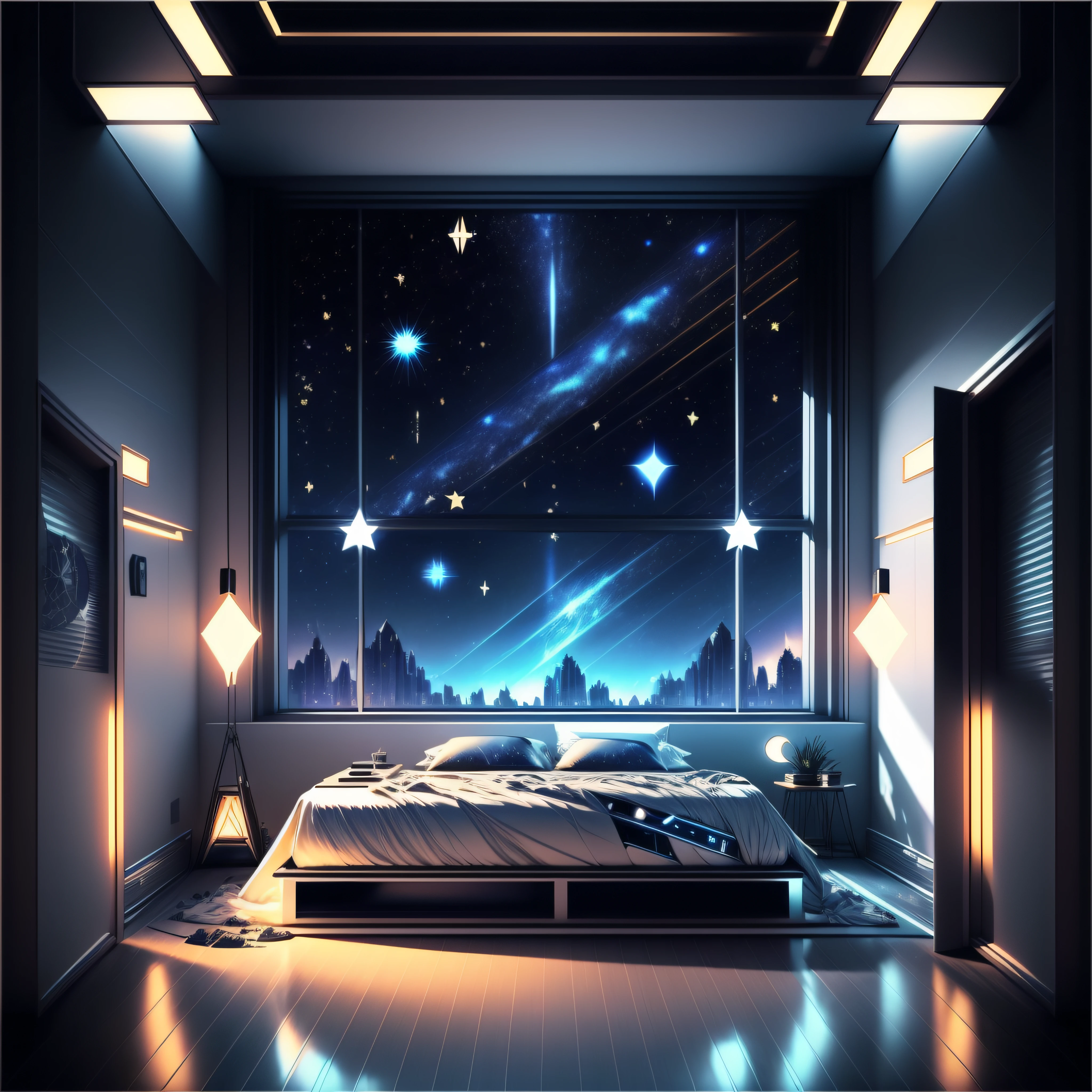 Cold Light Source Technology Cyberpunk Mechanical Minimalism Deconstructivism Bedroom Background Image Floor-to-ceiling windows Bright fluorescent Starry Sky Armor Artificial Intelligence Starry Sky Cold Light Source Only one bed