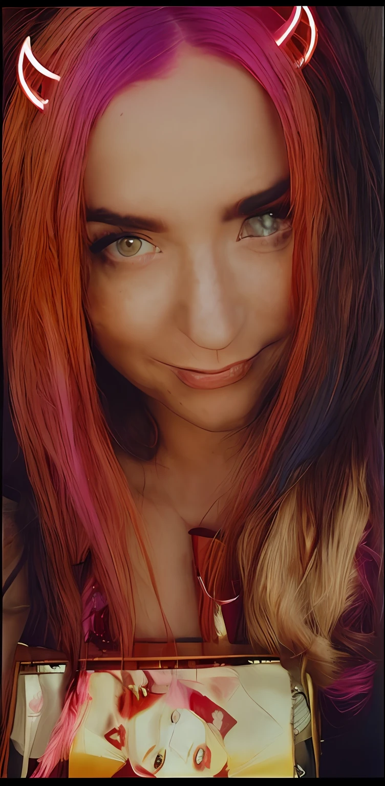 A woman with pink hair and satanic horns carrying a bag, Long colored glowing hair, Brightly colored hair, Justina Blakeney, Glowing red and golden hair, With pink hair, Glowing red hair, Brilliantly colored, She has long brown-orange hair., bright hair, With red hair and green eyes, Flared scarlet head, Kaitlyn Michelle Serragoza