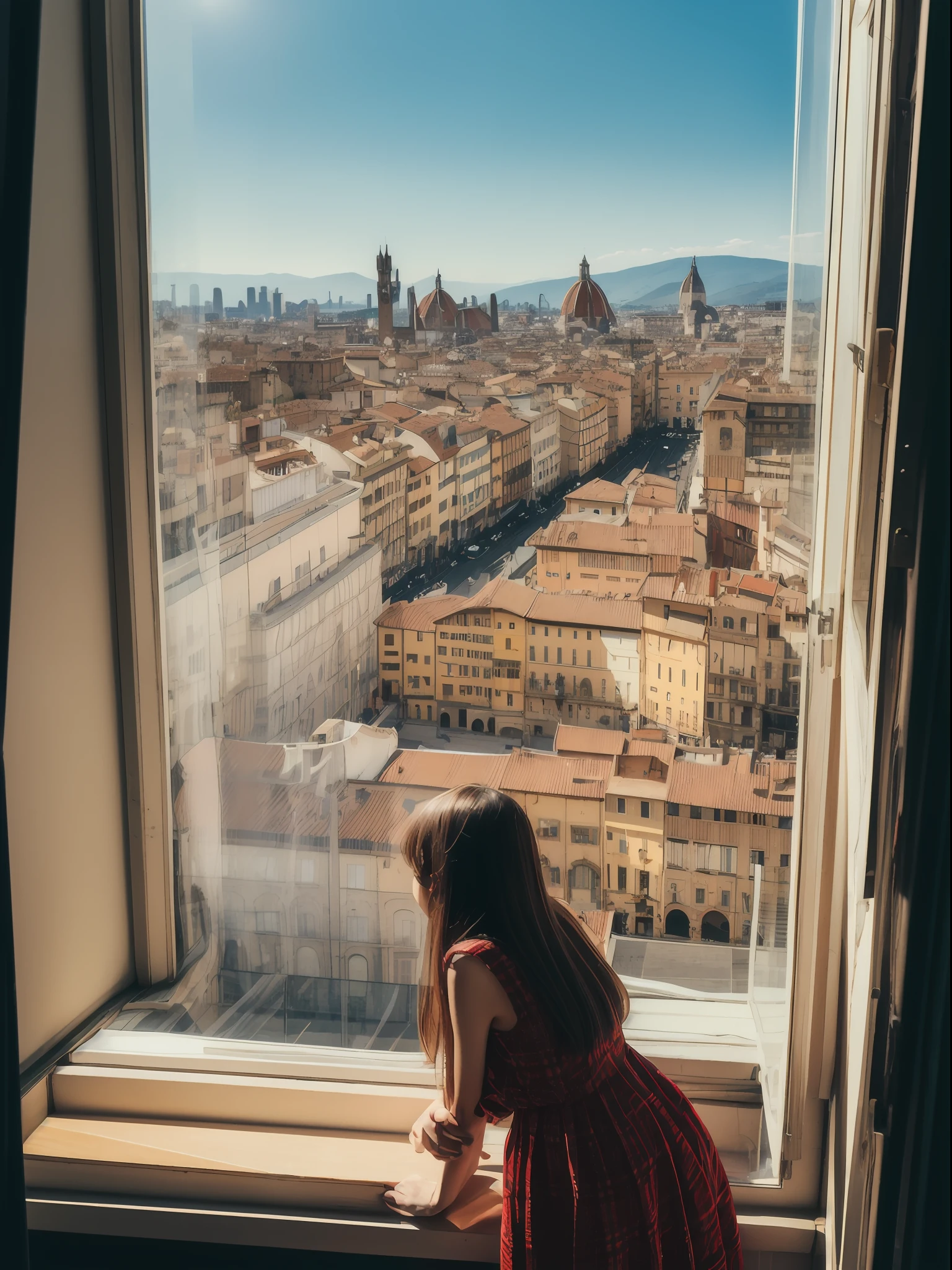 Full body shot, From Side, (8K, Raw photography, top-quality, masuter piece:1.2), ultra-detailliert, ultra res, (realisitic, rialistic photo:1.3), (14 years old girl, Bangs, detailed dress, pumps, Pose showing clothes), semi long hair, (Florence cityscape, window-shopping, Colorful shops, early evening:1.2) , very beautiful background, Retro portrait