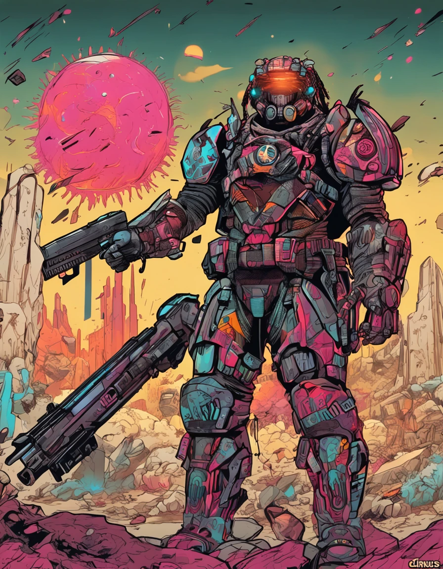 RAGE UNLEASHED, ANGRY, african american man cyborg soldier with dual samurai sword, red long dreadlocks, glowing neon X eyes, with shot gun on the side, heavy mecha armor, cybernetic, cyberpunk, colourful japanese stickers on armor, on planet venus, wasteland, apocalypse, baren venus planet, cinematic, volume lighting