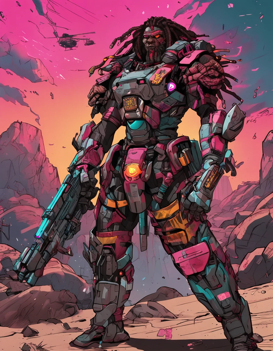 RAGE UNLEASHED, ANGRY, african american man cyborg soldier with dual samurai sword, red long dreadlocks, glowing neon X eyes, with shot gun on the side, heavy mecha armor, cybernetic, cyberpunk, colourful japanese stickers on armor, on planet venus, wasteland, apocalypse, baren venus planet, cinematic, volume lighting