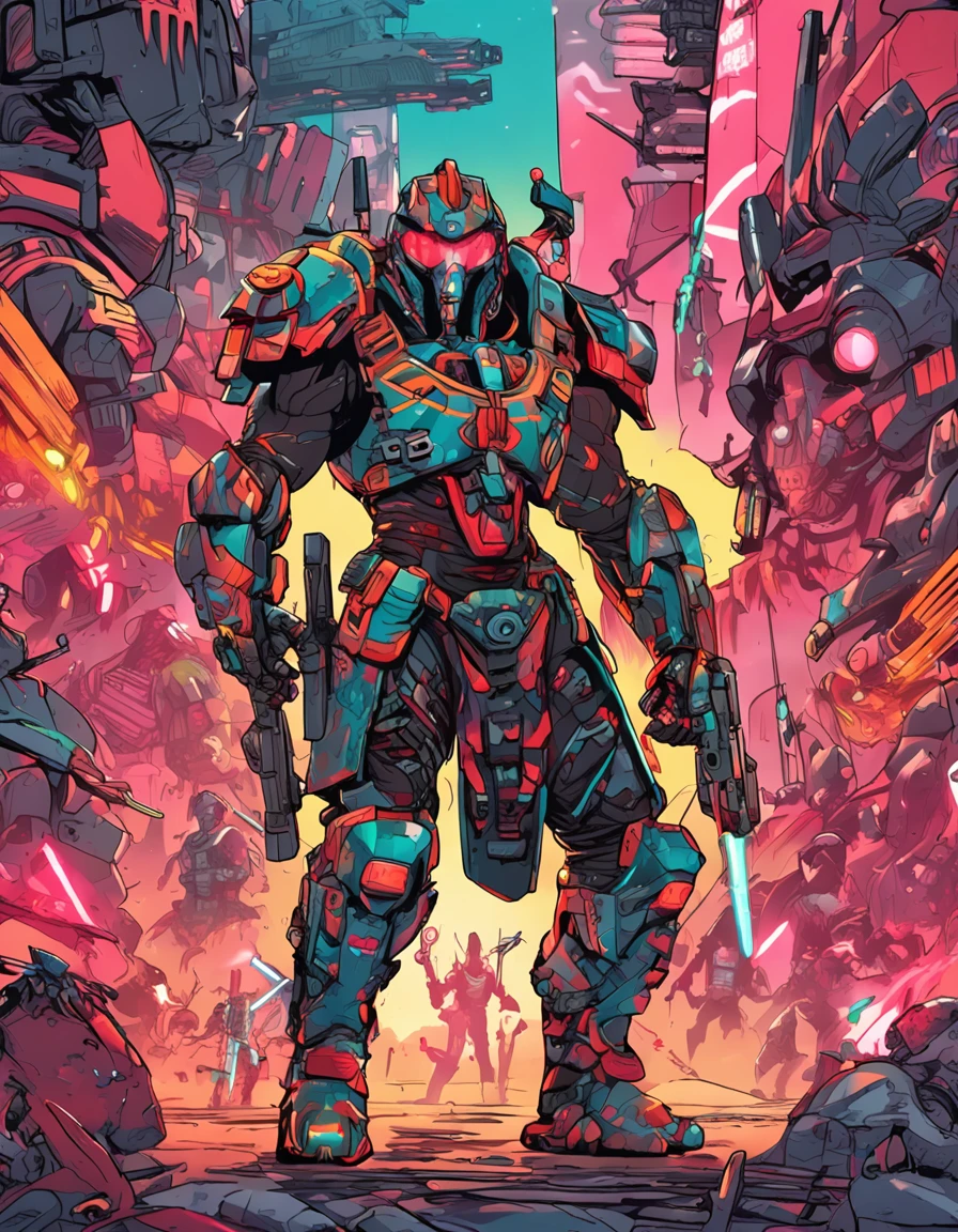 RAGE UNLEASHED, ANGRY, african american man cyborg soldier with dual samurai sword, red long dreadlocks, glowing neon X eyes, with shot gun on the side, heavy mecha armor, cybernetic, cyberpunk, colourful japanese stickers on armor, on planet venus, wasteland, apocalypse, baren venus planet, cinematic, volume lighting