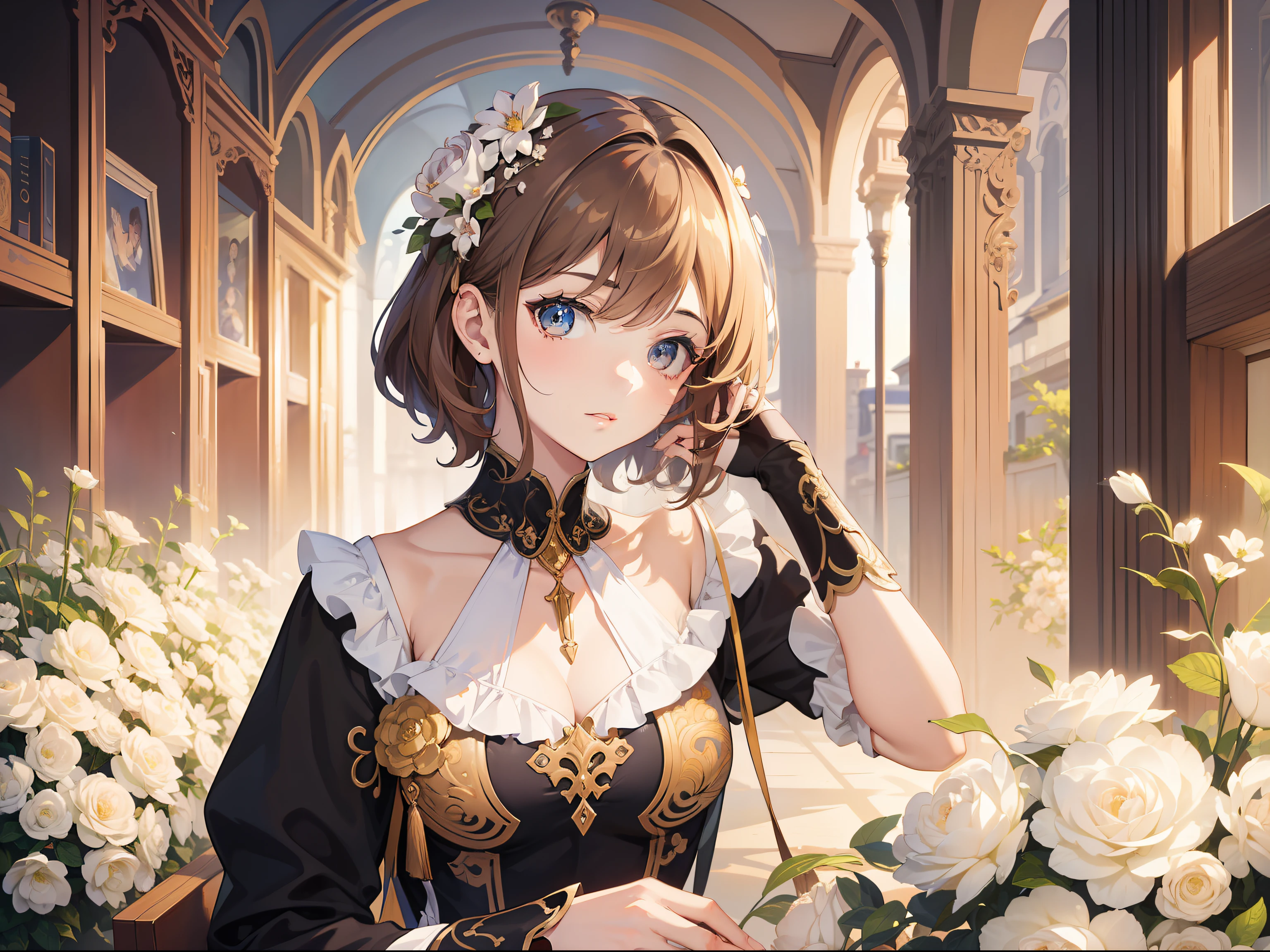 Official Art, Masterpiece European female, short hair, pale brown hair , brown eyes, (​masterpiece、top-quality、hight resolution: 1.4),in 8K, Drawing of a woman with short pale brown hair, Anime Art Nouveau, highly detailed exquisite fanart, anime fantasy illustration, clean detailed anime art, detailed anime art, Sharp Focus, Delicate Beautiful Hair and Eyes and Face, realisitic, ultra-detailliert, flower garden, only one person