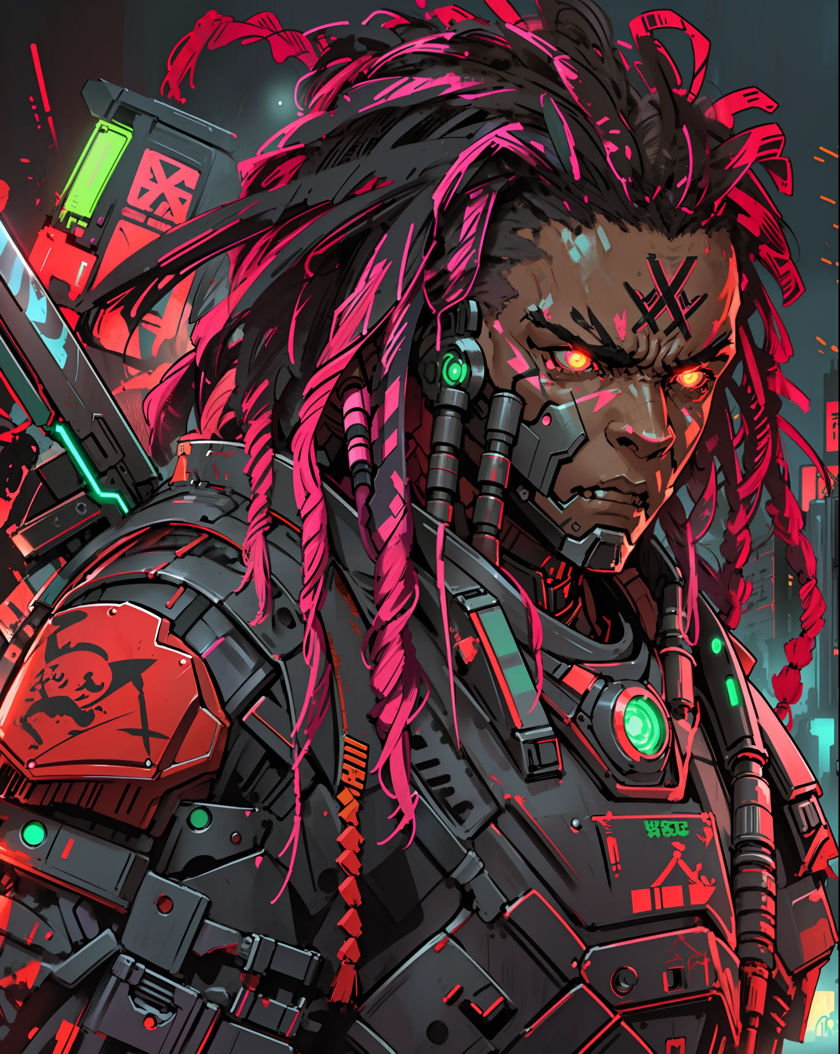 RAGE UNLEASHED, ANGRY, african american man cyborg soldier with dual samurai sword, red long dreadlocks, glowing neon X eyes, with shot gun on the side, heavy mecha armor, cybernetic, cyberpunk, colourful japanese stickers on armor, on planet venus, wasteland, apocalypse, baren venus planet, cinematic, volume lighting