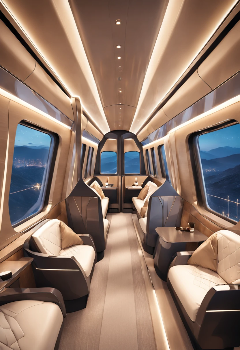 "Produce a detailed and immersive representation of the interior of a luxury cabin, vip, com bancos para duas pessoas, um home e uma mulher sentados,trem-bala moderno, capturing its beauty and technology vividly. The perspective view reveals the spacious and elegant compartment, where ergonomic seats clad in sophisticated fabrics provide comfort to passengers. Soft ambient lighting enhances futuristic design details, while large panoramic windows display a moving landscape. . High-speed connectivity keeps passengers connected, while ingenious aerodynamics minimize vibrations and noise. This scene transports viewers on a luxurious, high-tech journey into the heart of rail innovation."