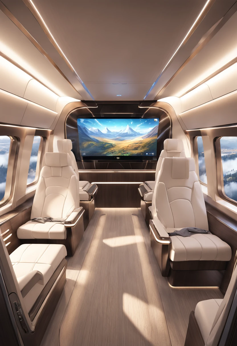 "Produce a detailed and immersive representation of the interior of a luxury cabin, vip, com bancos para duas pessoas, um home e uma mulher sentados,trem-bala moderno, capturing its beauty and technology vividly. The perspective view reveals the spacious and elegant compartment, where ergonomic seats clad in sophisticated fabrics provide comfort to passengers. Soft ambient lighting enhances futuristic design details, while large panoramic windows display a moving landscape. . High-speed connectivity keeps passengers connected, while ingenious aerodynamics minimize vibrations and noise. This scene transports viewers on a luxurious, high-tech journey into the heart of rail innovation."