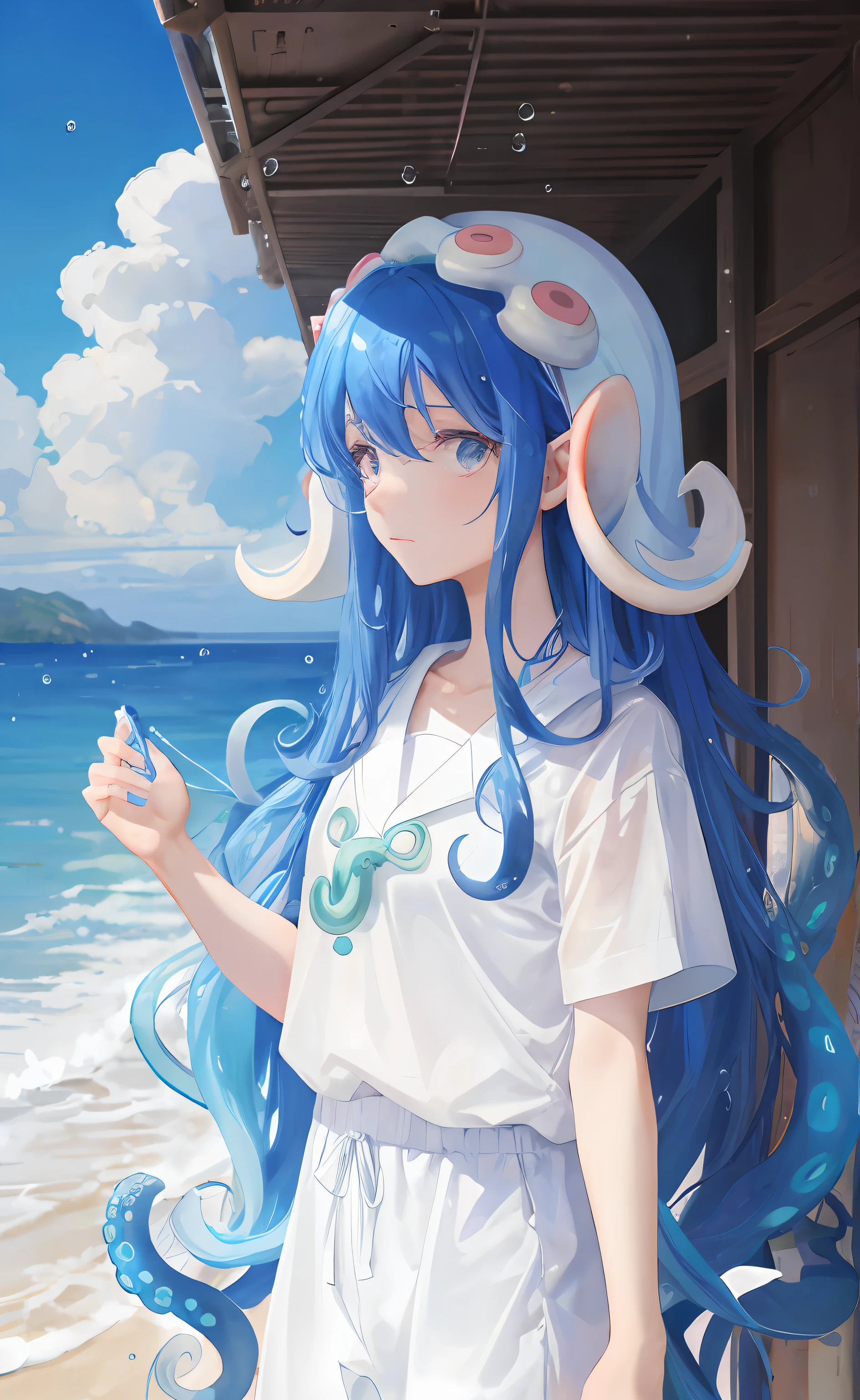 Octopus Lady，The hair is blue tentacles，white  clothes，There are two rows of white water droplets on the forehead。Blue sea in the background，sea beach，Stand in a casual position