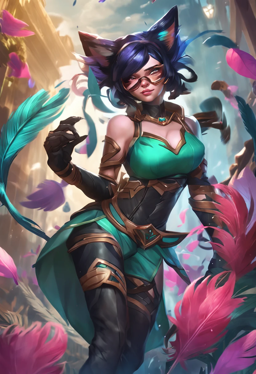 a close up of a girl in fur with black short hair, cat ears, green dress furr, peacock feathers in her hair healer alchemist, spiritual, cat ears , league of legends splash art league of legends art, league of legends concept art, splash art, league of legends character art, league of legends character, riot games concept art, official splash art, league of legends style art, from league of legends