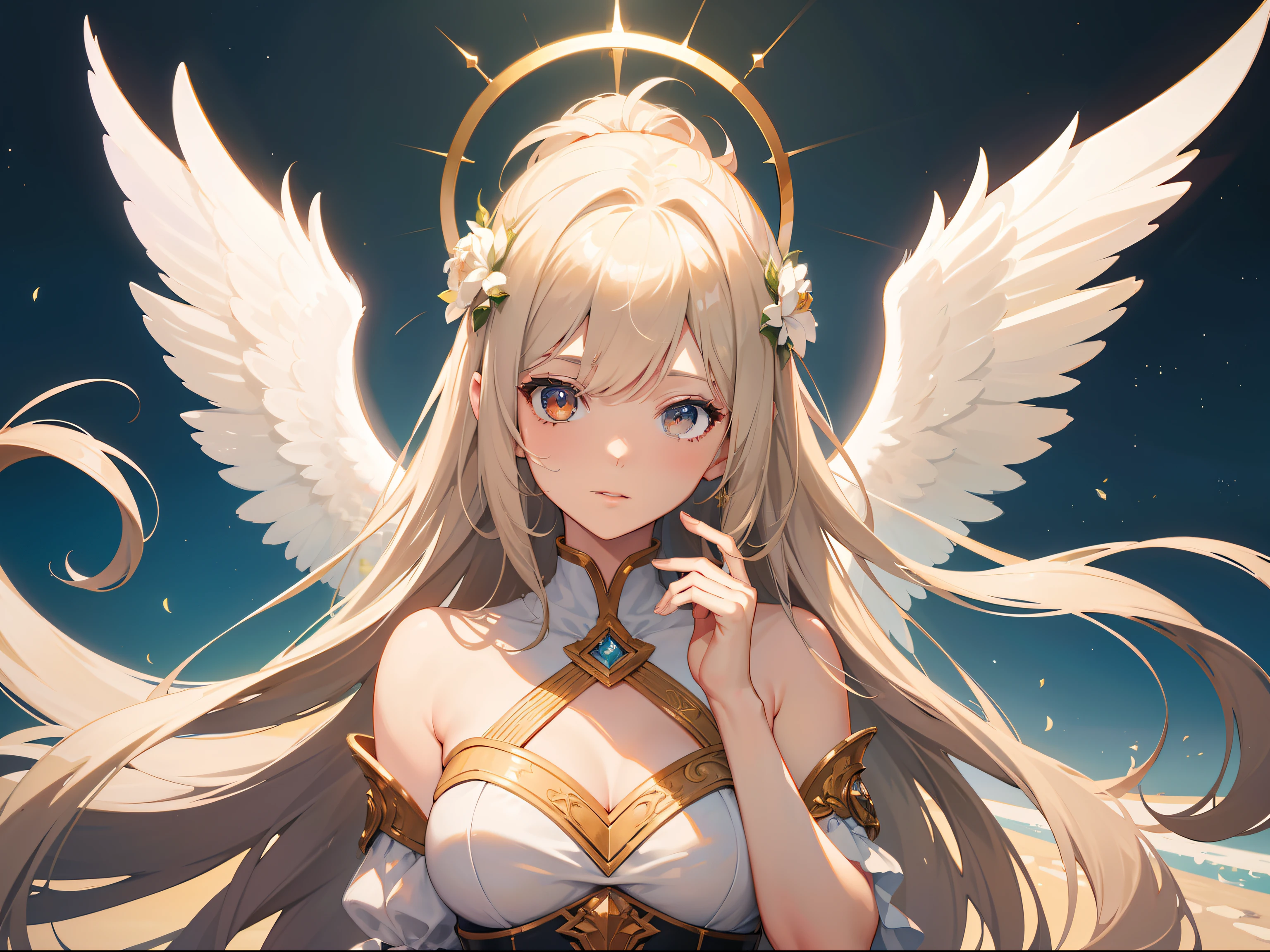 Official Art, Masterpiece European female, angel, white wings, pale brown hair , brown eyes, (masterpiece、top-quality、hight resolution: 1.4),in 8K, Anime Art Nouveau, highly detailed exquisite fanart, anime fantasy illustration, clean detailed anime art, detailed anime art, Sharp Focus, Delicate Beautiful Hair and Eyes and Face, realisitic, ultra-detailliert, flower garden
