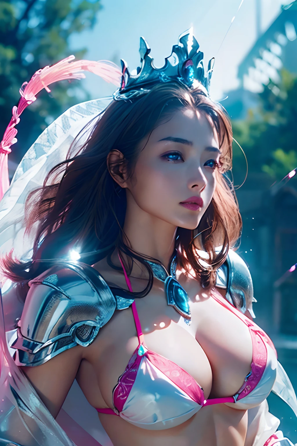 Official Art, Unity 8k wallpaper, ultra detail, masterpiece, best quality, one woman, (very detailed),(RAW photo, best quality),(realistic, photorealistic:1.3),high definition, opening your mouth lightly, ultra-detailed complex 3D rendering of face, (big breasts: 8.8), (highly detailed skin: 1.2), (exposure: 1.1), beautiful caucasian woman with big ass full soft breasts and white skinThe (topless), chest, black hair, blue eyes, long hair, ( ( ( transparent silk pink string micro bikini)), dynamic angle, mystical expression, fire glow effect, fantasy background, rim lighting, side light, cinematic light, ultra high definition, 8k, film grain,best shadow, light particles, detailed skin texture, detailed gem armor texture, detailed face, intricate details, super detailed, bright, strong, silver armor, cleavage, slender abs, have glowing weapons, have a shield, pole dron, (beautiful huge crown with detail)), shining eyes, long purple cloak, fantasy, (realistic),