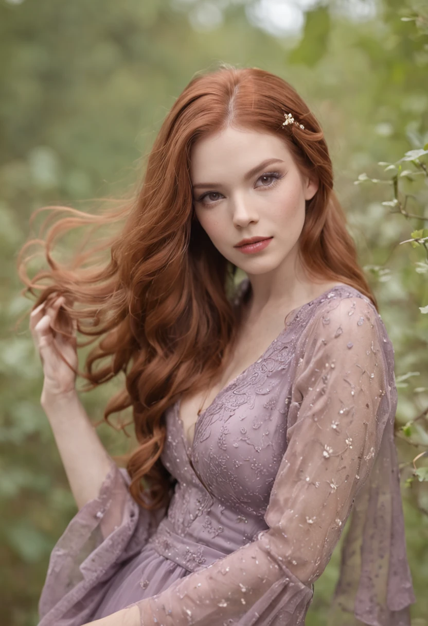 mulher ruiva natural com seios fartos rosto com sardas boca carnuda olhos de cor purpura nariz delicado cintura fina quadris grandes pele macia e delicada olhar cativante vestido preto e sedutor com decote