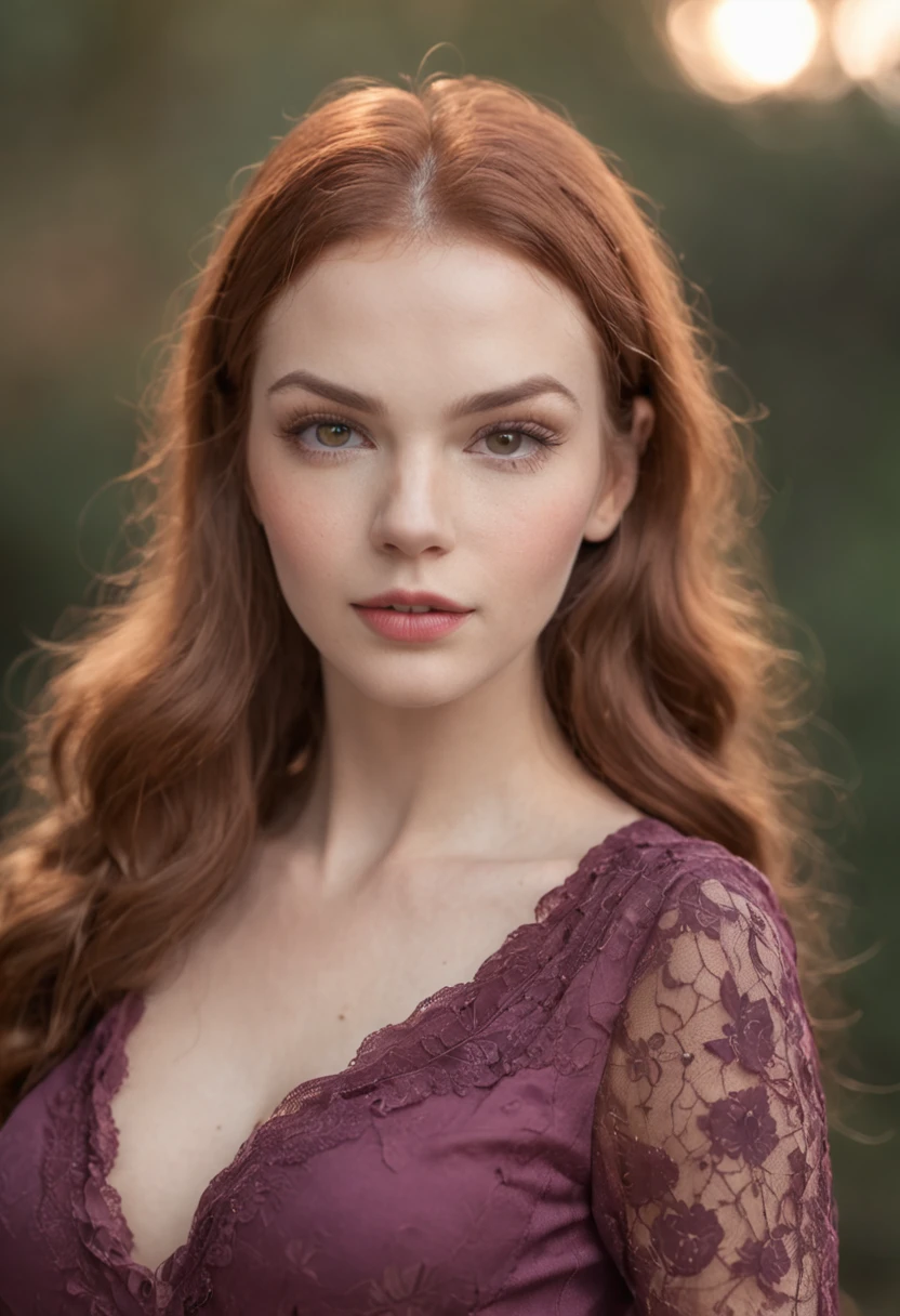 mulher ruiva natural com seios fartos rosto com sardas boca carnuda olhos de cor purpura nariz delicado cintura fina quadris grandes pele macia e delicada olhar cativante vestido preto e sedutor com decote