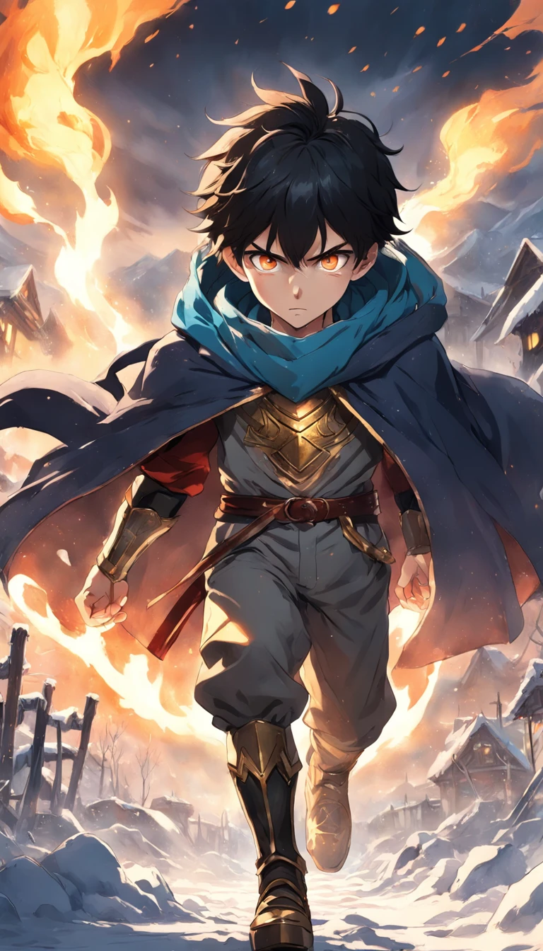 Epic scene where, in the middle of a destroyed and cold village, covered in dense snow, the young boy protagonist with dark hair and shining golden eyes, injured by the confrontation, awakens the power of fire