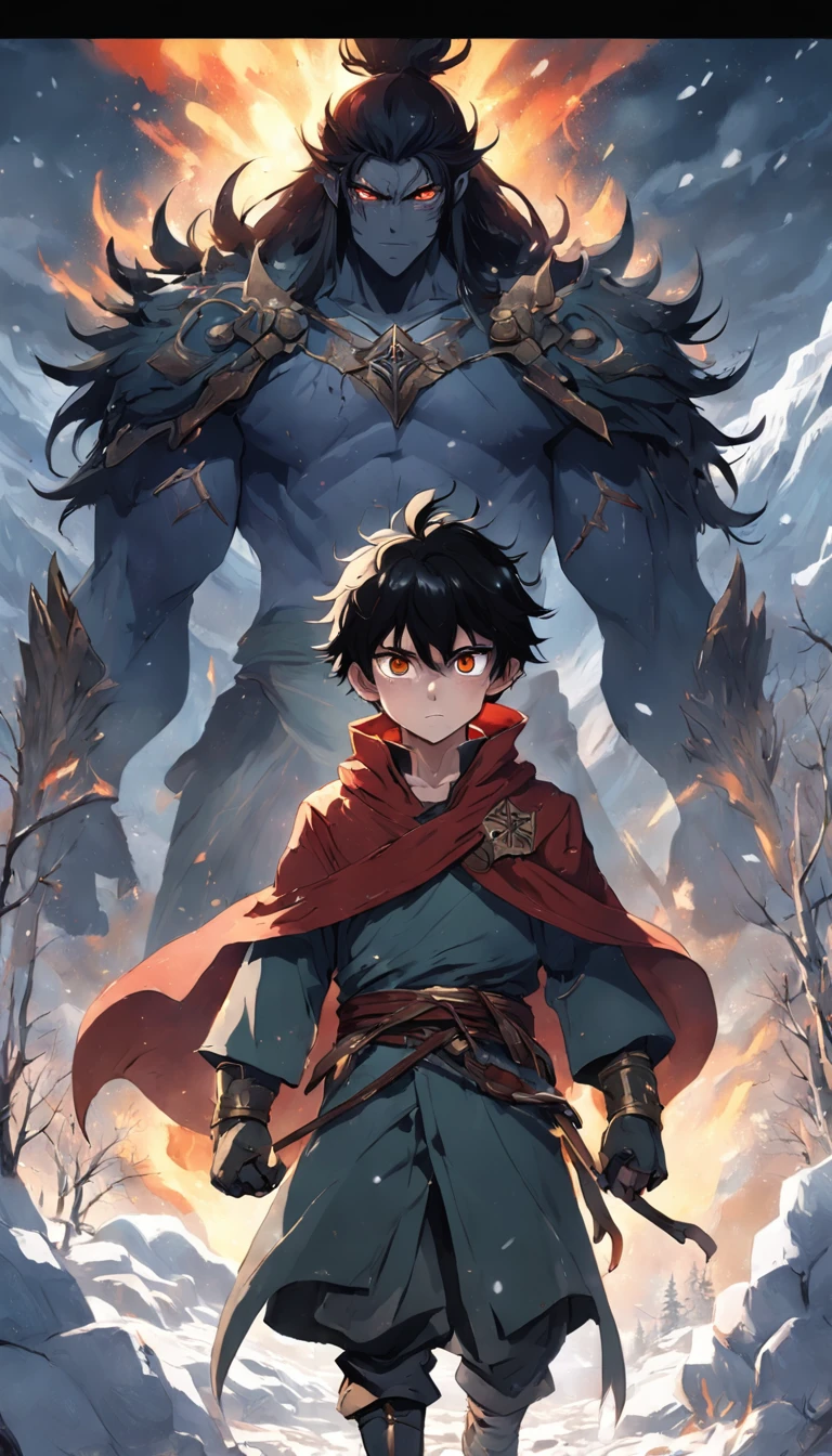 Epic scene where, in the middle of a destroyed and cold village, covered in dense snow, the young boy protagonist with dark hair and shining golden eyes, injured by the confrontation, awakens the power of fire