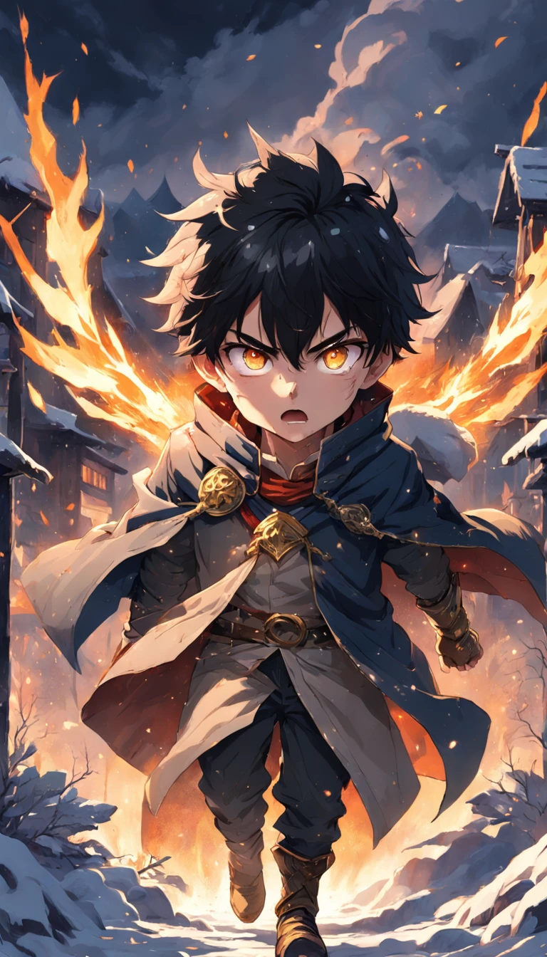Epic scene where, in the middle of a destroyed and cold village, covered in dense snow, the young boy protagonist with dark hair and shining golden eyes, injured by the confrontation, awakens the power of fire