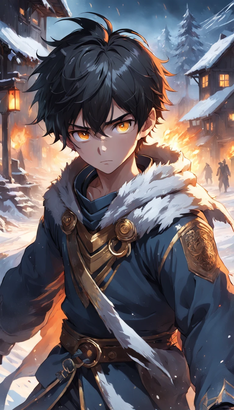 Epic scene where, in the middle of a destroyed and cold village, covered in dense snow, the young boy protagonist with dark hair and shining golden eyes, injured by the confrontation, awakens the power of fire