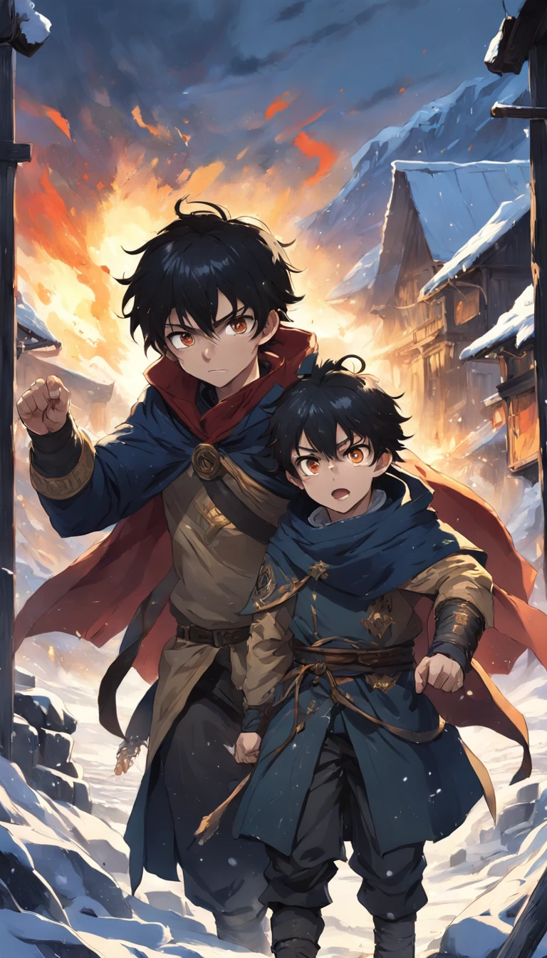 Epic scene where, in the middle of a destroyed and cold village, covered in dense snow, the young boy protagonist with dark hair and shining golden eyes, injured by the confrontation, awakens the power of fire