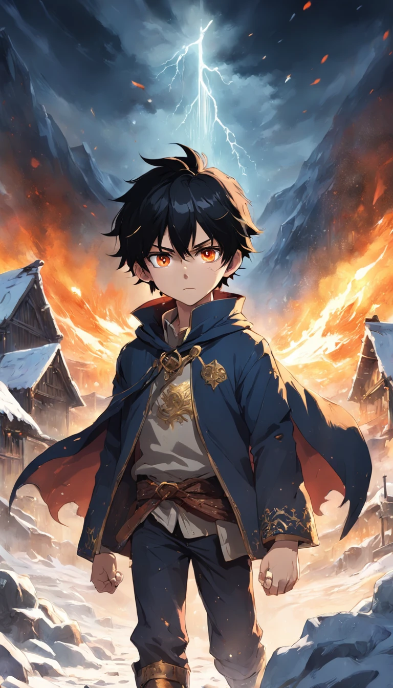 Epic scene where, in the middle of a destroyed and cold village, covered in dense snow, the young boy protagonist with dark hair and shining golden eyes, injured by the confrontation, awakens the power of fire