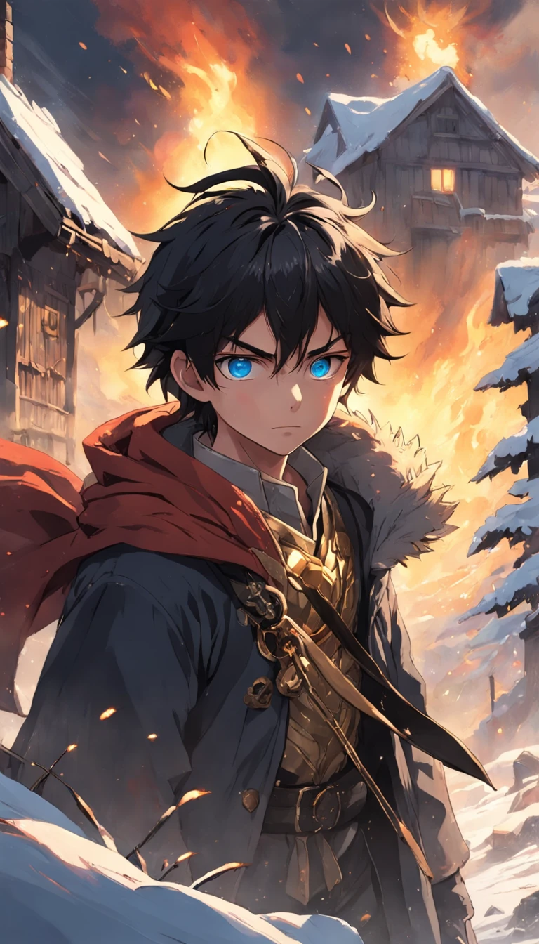 Epic scene where, in the middle of a destroyed and cold village, covered in dense snow, the young boy protagonist with dark hair and shining golden eyes, injured by the confrontation, awakens the power of fire