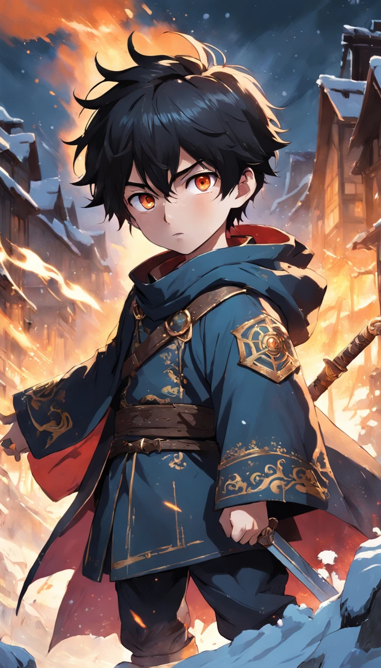 Epic scene where, in the middle of a destroyed and cold village, covered in dense snow, the young boy protagonist with dark hair and shining golden eyes, injured by the confrontation, awakens the power of fire