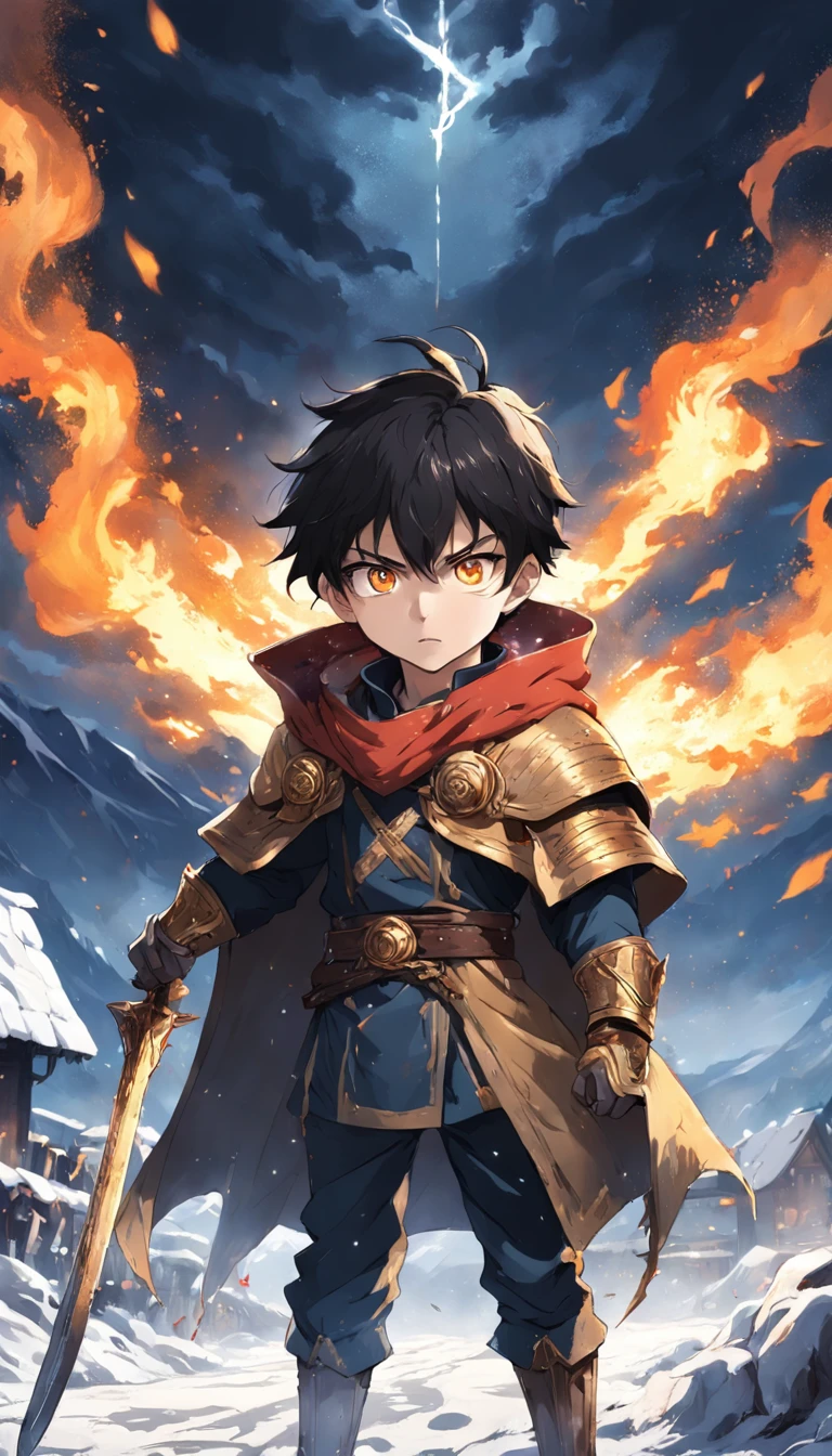 Epic scene where, in the middle of a destroyed and cold village, covered in dense snow, the young boy protagonist with dark hair and shining golden eyes, injured by the confrontation, awakens the power of fire