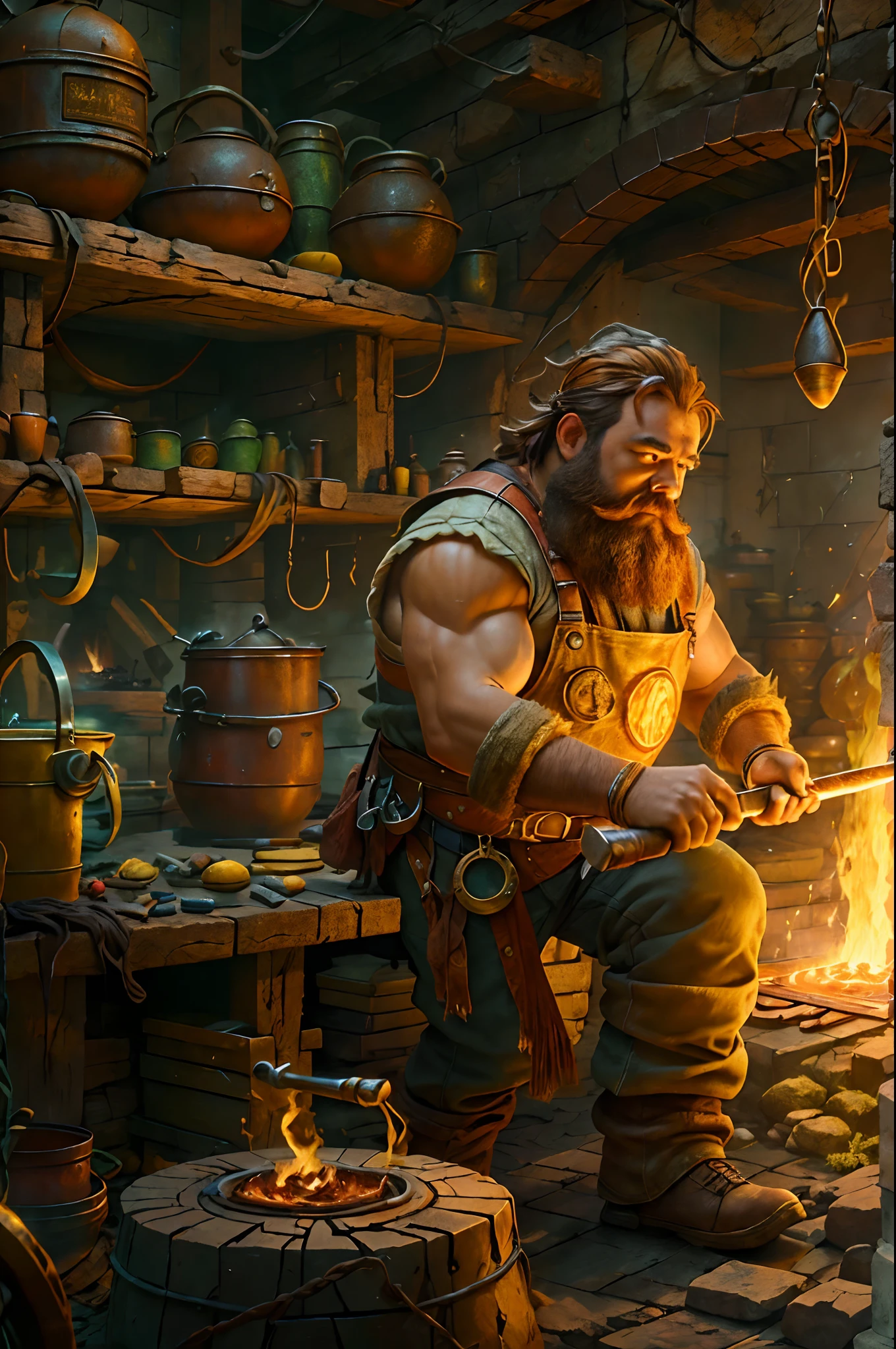 high details, best quality, 16k, RAW, [best detailed], masterpiece, best quality, (extremely detailed), full body, ultra wide shot, photorealistic, fantasy art fantasy_world, RPG art, D&D art, a picture of a dwarf working at his forge (besr details, Masterpiece, best quality), fantasy male dwarf (best details, Masterpiece, best quality), working his forge (best details, Masterpiece, best quality), brown hair, dynamic eyes color, ultra detailed face (best details, Masterpiece, best quality), long beard, brown beard, muscular arms, wearing smith apron, holding a hammer in hand, hammer has yellow magical runes, shining GlowingRunes_yello yellow runes (best details, Masterpiece, best quality), working the forge (best details, Masterpiece, best quality), fiery forge (best details, Masterpiece, best quality), crafting magical metalic sword, dwarven smithy and fiery orange forge background, fiery red and yellow and orange shadow and light of a fiery orange (best details, Masterpiece, best quality), High Detail, Ultra High Quality, High Resolution, 16K Resolution, Ultra HD Pictures, Ultra Realistic, Clear Details, Realistic Detail, Ultra High Definition