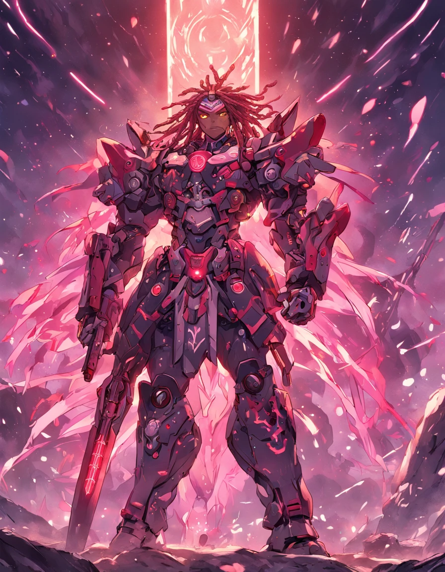 RAGE UNLEASHED, ANGRY, african american man cyborg soldier with dual samurai sword, red long dreadlocks, glowing neon X eyes, with shot gun on the side, heavy mecha armor, cybernetic, cyberpunk, colourful japanese stickers on armor, on planet venus, wasteland, apocalypse, baren venus planet, cinematic, volume lighting