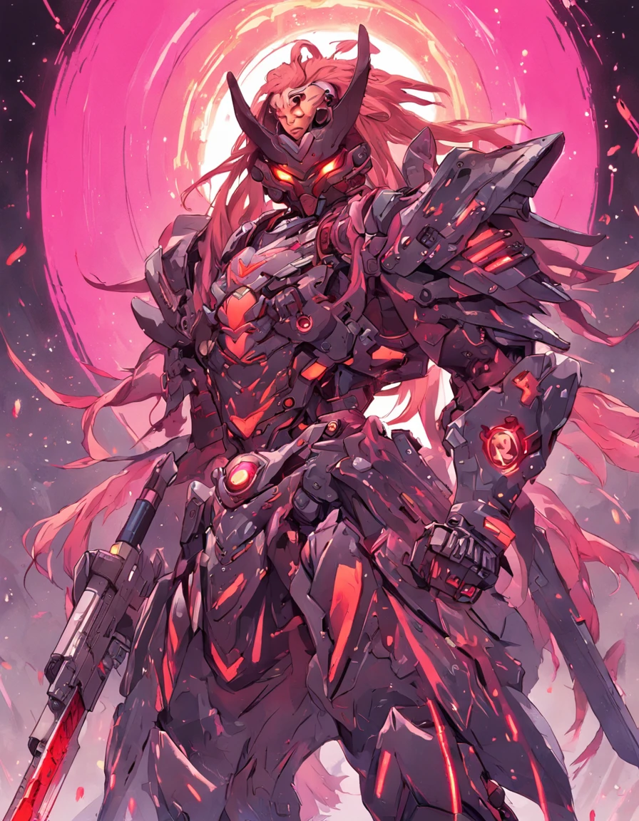 RAGE UNLEASHED, ANGRY, african american man cyborg soldier with dual samurai sword, red long dreadlocks, glowing neon X eyes, with shot gun on the side, heavy mecha armor, cybernetic, cyberpunk, colourful japanese stickers on armor, on planet venus, wasteland, apocalypse, baren venus planet, cinematic, volume lighting