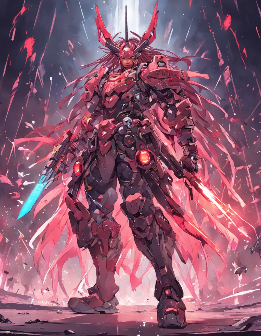 RAGE UNLEASHED, ANGRY, african american man cyborg soldier with dual samurai sword, red long dreadlocks, glowing neon X eyes, with shot gun on the side, heavy mecha armor, cybernetic, cyberpunk, colourful japanese stickers on armor, on planet venus, wasteland, apocalypse, baren venus planet, cinematic, volume lighting