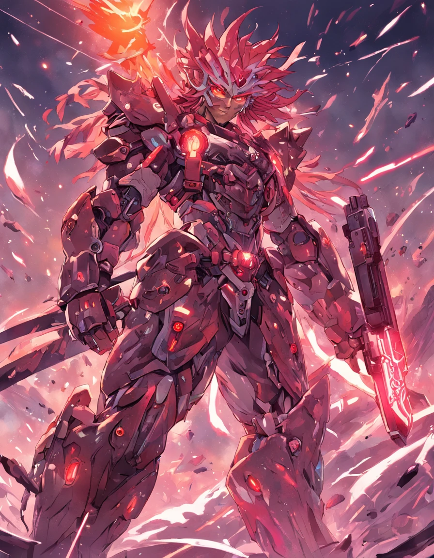 RAGE UNLEASHED, ANGRY, african american man cyborg soldier with dual samurai sword, red long dreadlocks, glowing neon X eyes, with shot gun on the side, heavy mecha armor, cybernetic, cyberpunk, colourful japanese stickers on armor, on planet venus, wasteland, apocalypse, baren venus planet, cinematic, volume lighting