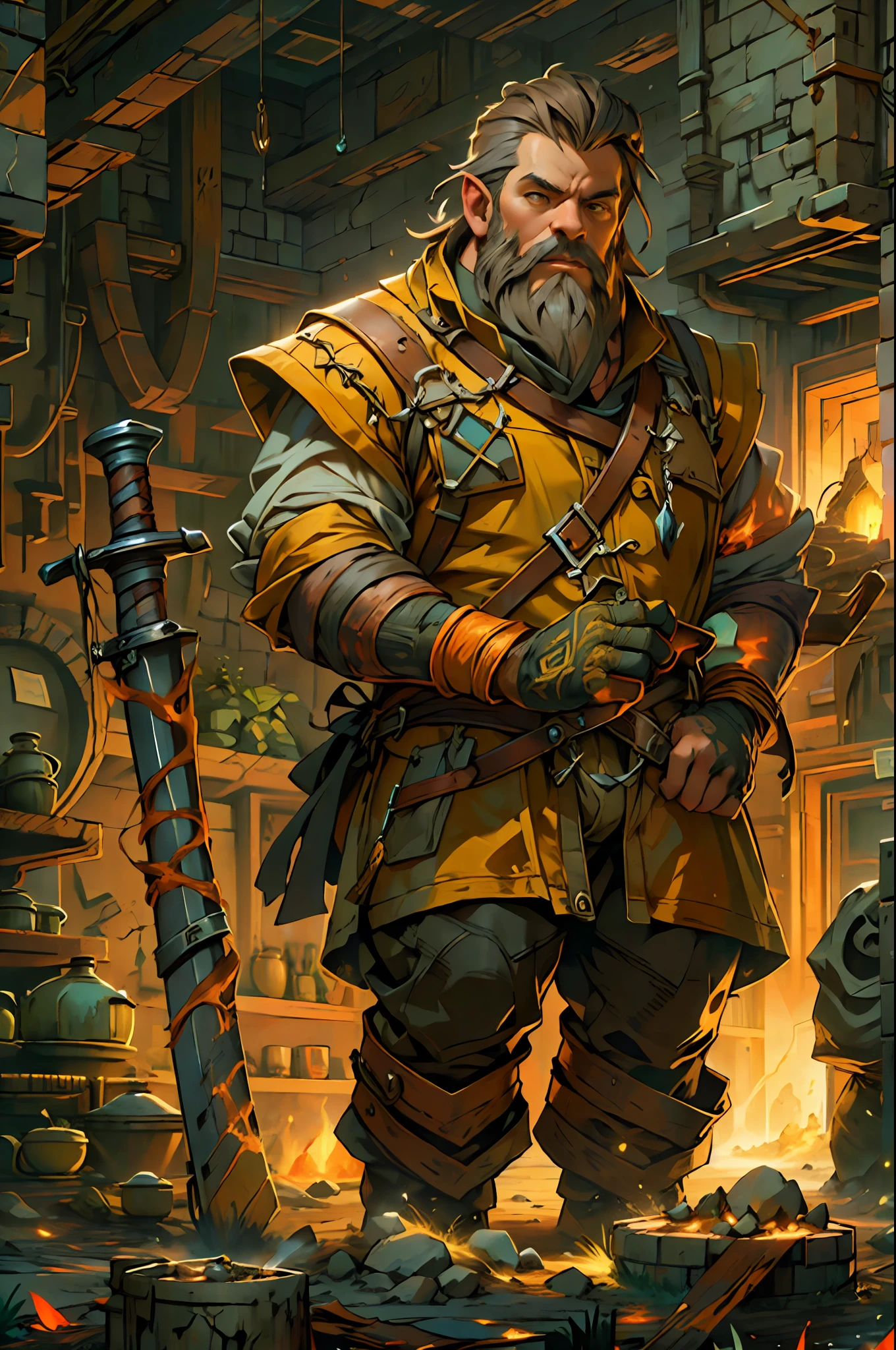 high details, best quality, 16k, RAW, [best detailed], masterpiece, best quality, (extremely detailed), full body, ultra wide shot, photorealistic, fantasy art fantasy_world, RPG art, D&D art, a picture of a dwarf working at his forge (besr details, Masterpiece, best quality), fantasy male dwarf (best details, Masterpiece, best quality), working his forge (best details, Masterpiece, best quality), brown hair, dynamic eyes color, ultra detailed face (best details, Masterpiece, best quality), long beard, brown beard, muscular arms, wearing smith apron, holding a hammer in hand, hammer has yellow magical runes, shining GlowingRunes_yello yellow runes (best details, Masterpiece, best quality), working the forge (best details, Masterpiece, best quality), fiery forge (best details, Masterpiece, best quality), crafting magical metalic sword, dwarven smithy and fiery orange forge background, fiery red and yellow and orange shadow and light of a fiery orange (best details, Masterpiece, best quality), High Detail, Ultra High Quality, High Resolution, 16K Resolution, Ultra HD Pictures, Ultra Realistic, Clear Details, Realistic Detail, Ultra High Definition