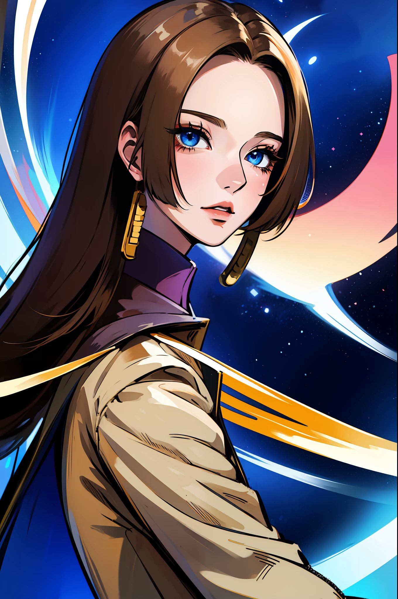 Anime boy wearing beige jacket hair split in half in dark brown tone with an aura of blue magic around him in a dark environment posing for a high-resolution cinematic photo