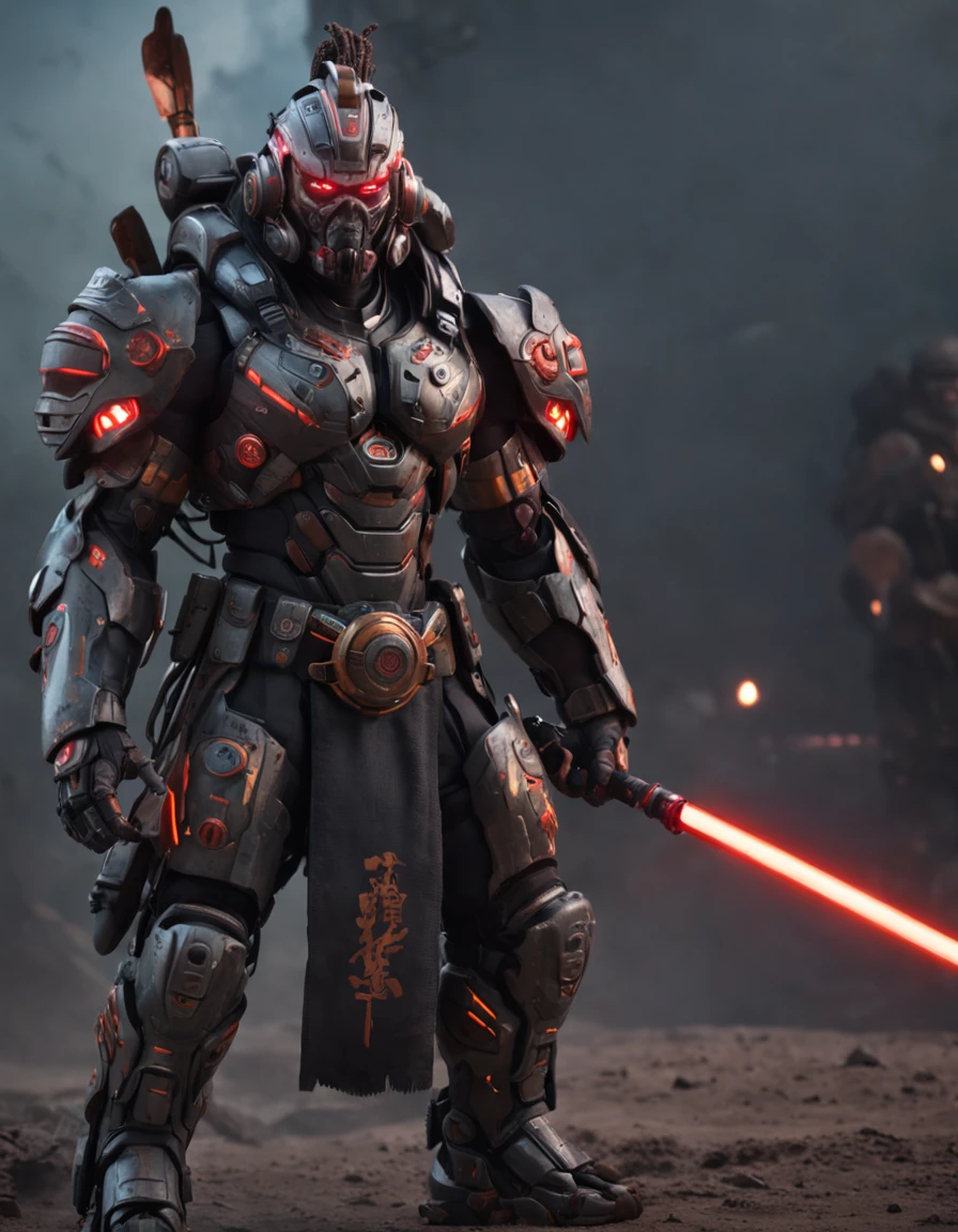 RAGE UNLEASHED, ANGRY, african american man cyborg soldier with dual samurai sword, red long dreadlocks, glowing neon X eyes, with shot gun on the side, heavy mecha armor, cybernetic, cyberpunk, colourful japanese stickers on armor, on planet venus, wasteland, apocalypse, baren venus planet, cinematic, volume lighting