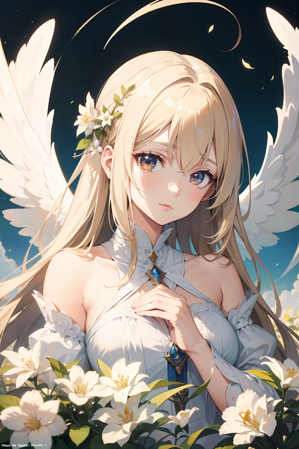 Official Art, Masterpiece European female, angel, white wings, pale brown hair , brown eyes, (masterpiece、top-quality、hight resolution: 1.4),in 8K, Anime Art Nouveau, highly detailed exquisite fanart, anime fantasy illustration, clean detailed anime art, detailed anime art, Sharp Focus, Delicate Beautiful Hair and Eyes and Face, realisitic, ultra-detailliert, flower garden, sunlight,