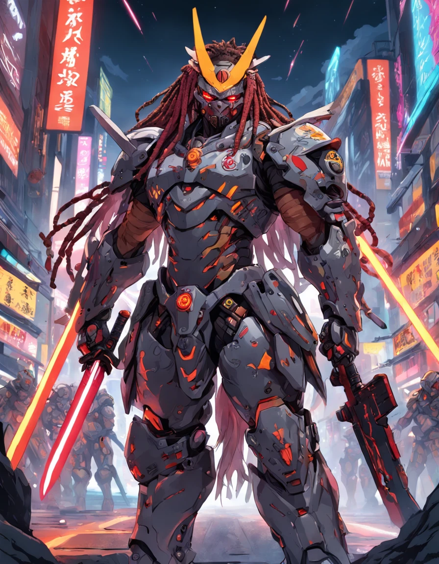 RAGE UNLEASHED, ANGRY, african american man cyborg soldier with dual samurai sword, red long dreadlocks, glowing neon X eyes, with shot gun on the side, heavy mecha armor, cybernetic, cyberpunk, colourful japanese stickers on armor, on planet venus, wasteland, apocalypse, baren venus planet, cinematic, volume lighting