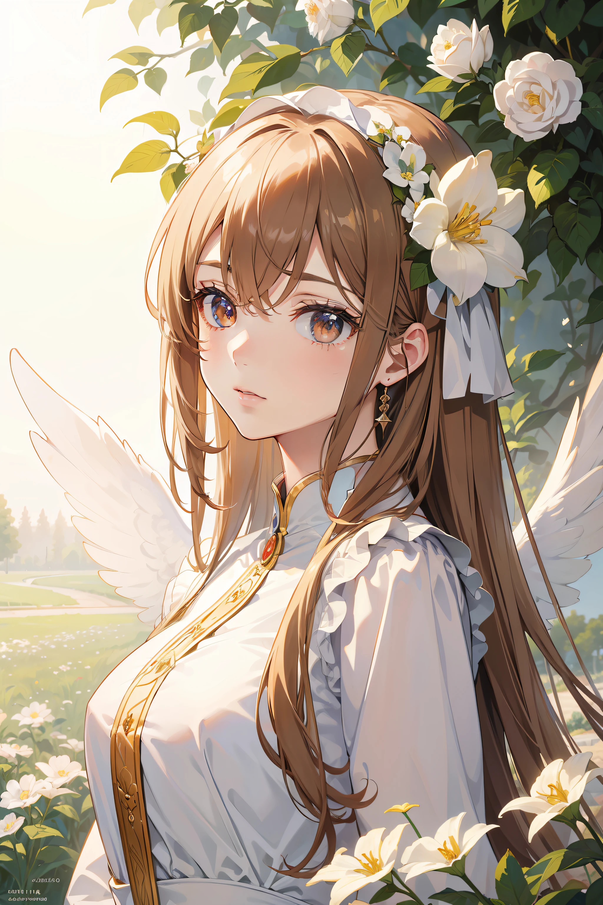 Official Art, Masterpiece European female, angel, white wings, pale brown hair , brown eyes, (masterpiece、top-quality、hight resolution: 1.4),in 8K, Anime Art Nouveau, highly detailed exquisite fanart, anime fantasy illustration, clean detailed anime art, detailed anime art, Sharp Focus, Delicate Beautiful Hair and Eyes and Face, realisitic, ultra-detailliert, flower garden, sunlight,