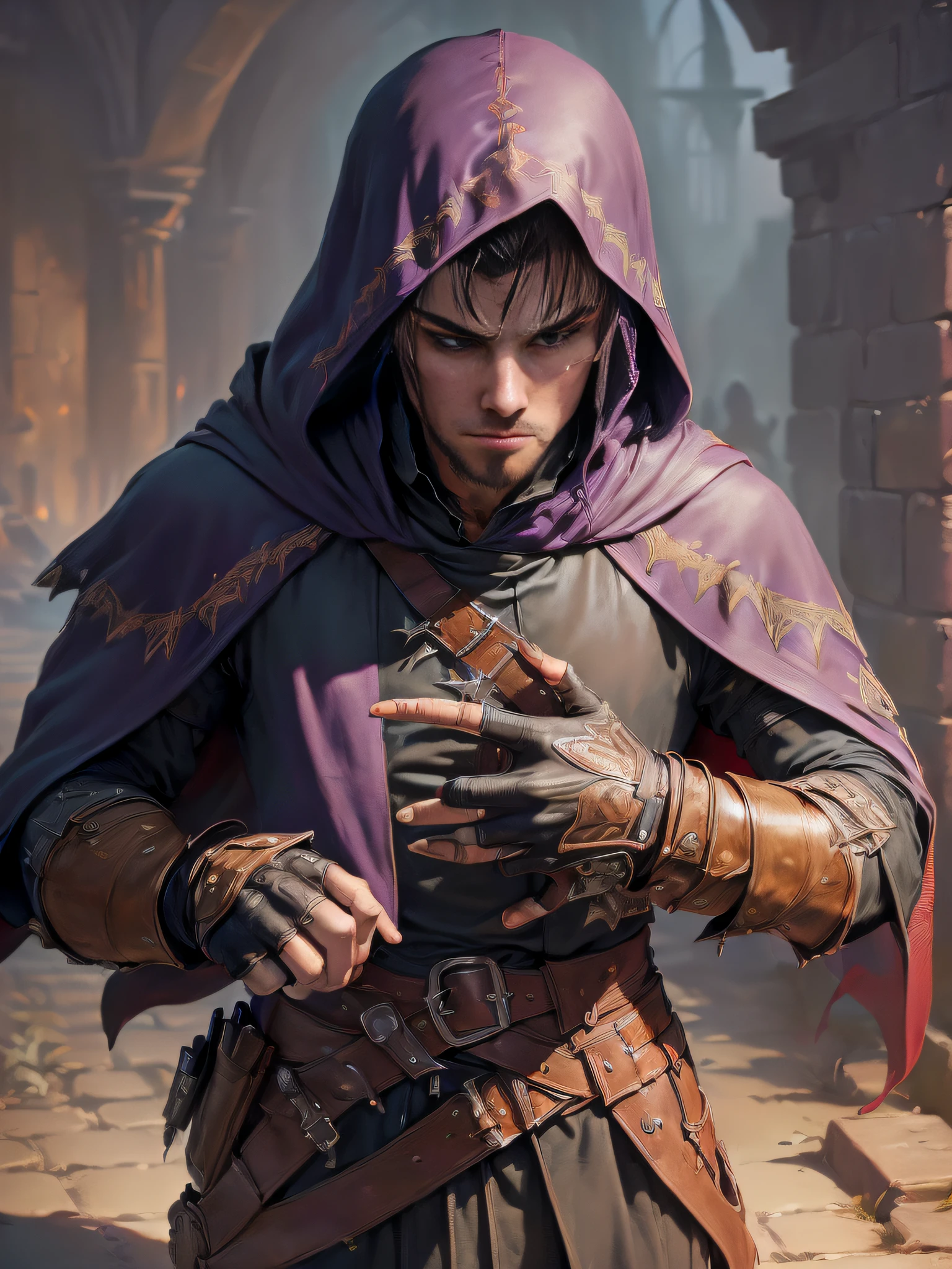 (superfine illustration, Best Quality, Ultra-detailed, correct depiction, Perfect fingers, Perfect hands, medieval fantasy:1.5), (dreadful assassin, male focus, solo, portrait:1.5), ponder, expressionless, closed eyes, (assassin's costume, assassin's cloak, fingerless gloves:1.5), inside of cult as background, lighting, male hair, extremely short hair, purple hair,