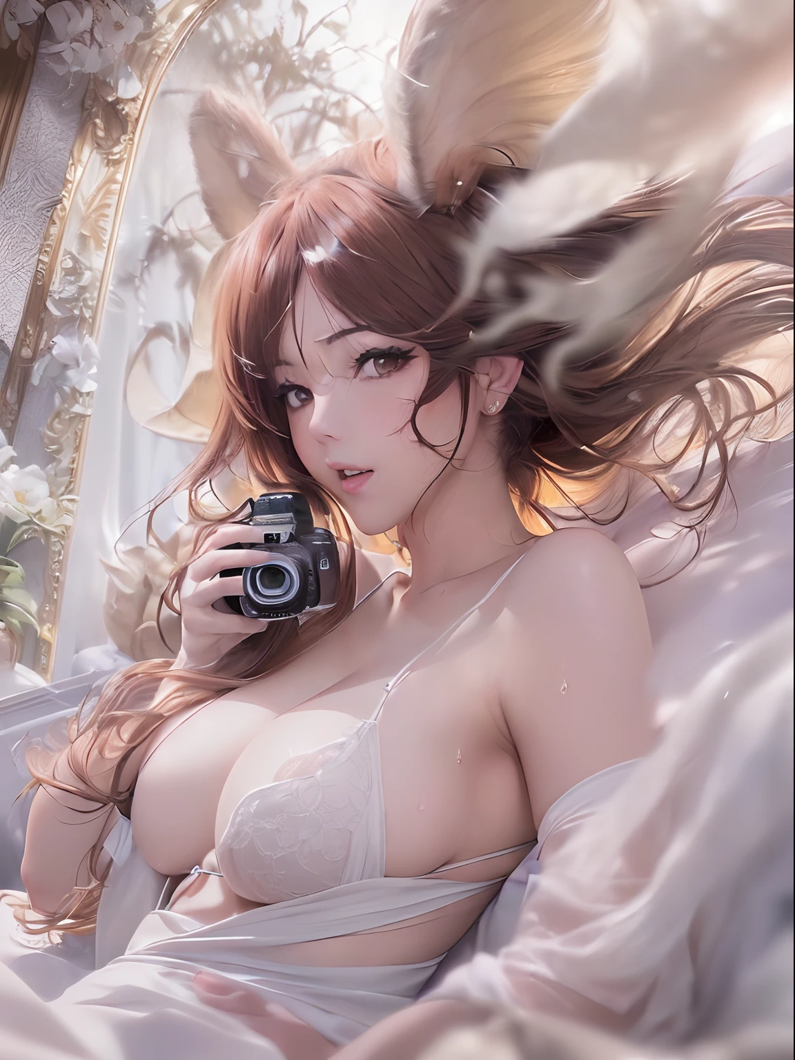 (masutepiece, High resolution, Photorealsitic:1.4), (Beastman woman with sensual and statue-like body shape、large full breasts、In bed at home、Beautiful breasts like works of art、Beautiful pubic area like a work of art、Draw the pubic area clearly、Wide legs open、The pubic area must be wet、I have my legs open、wide opening crotch、The hole in the pubic area expands、Push it apart with your hands to show off your pubic area、White liquid overflows from the genitals、simple background、Sexual References、(brown haired:1.2), (Canon EOS R5 mirrorless camera:1.2), (Paired with Canon RF 24-70mm f/2.8 L IS USM Lens。:1.2), (Capture the realism of the moment:1.2), (Celebrate the magical charm of meeting Eros:1.2), (Captivating photos that bring fantasy to life:1.1),