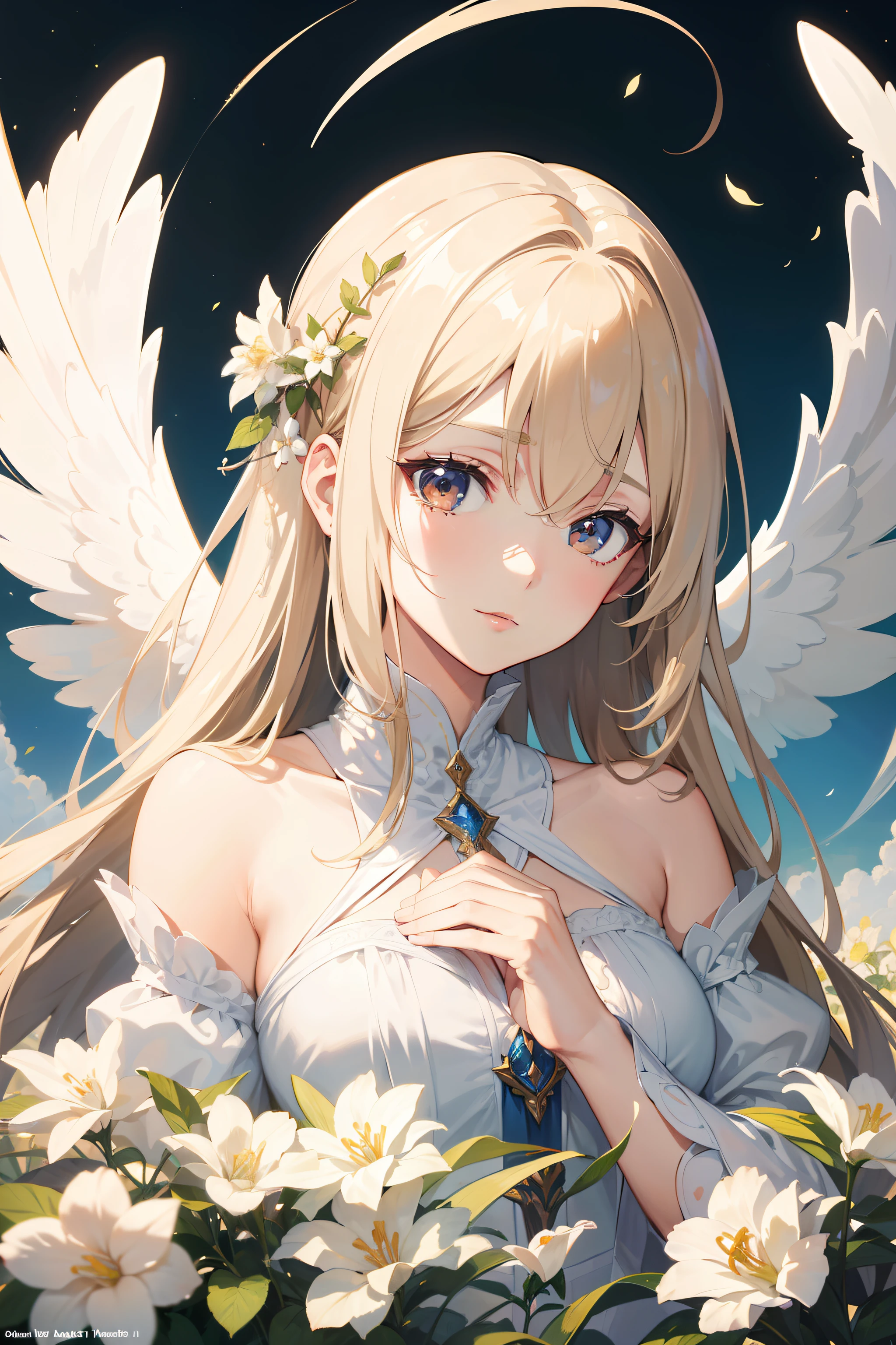 Official Art, Masterpiece European female, angel, white wings, pale brown hair , brown eyes, (​masterpiece、top-quality、hight resolution: 1.4),in 8K, Anime Art Nouveau, highly detailed exquisite fanart, anime fantasy illustration, clean detailed anime art, detailed anime art, Sharp Focus, Delicate Beautiful Hair and Eyes and Face, realisitic, ultra-detailliert, flower garden, sunlight,