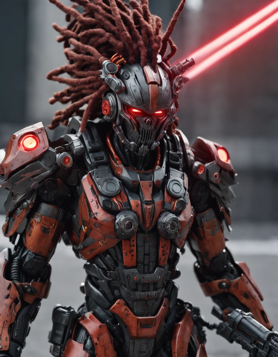 REALISTIC ANIME STYLE, JAPANESE ANIME, REAL ANIME, RAGE UNLEASHED, ANGRY, african american man cyborg soldier with dual samurai sword, red long dreadlocks, glowing neon X eyes, with shot gun on the side, heavy mecha armor, cybernetic, cyberpunk, colourful japanese stickers on armor, on planet venus, wasteland, apocalypse, baren venus planet, cinematic, volume lighting