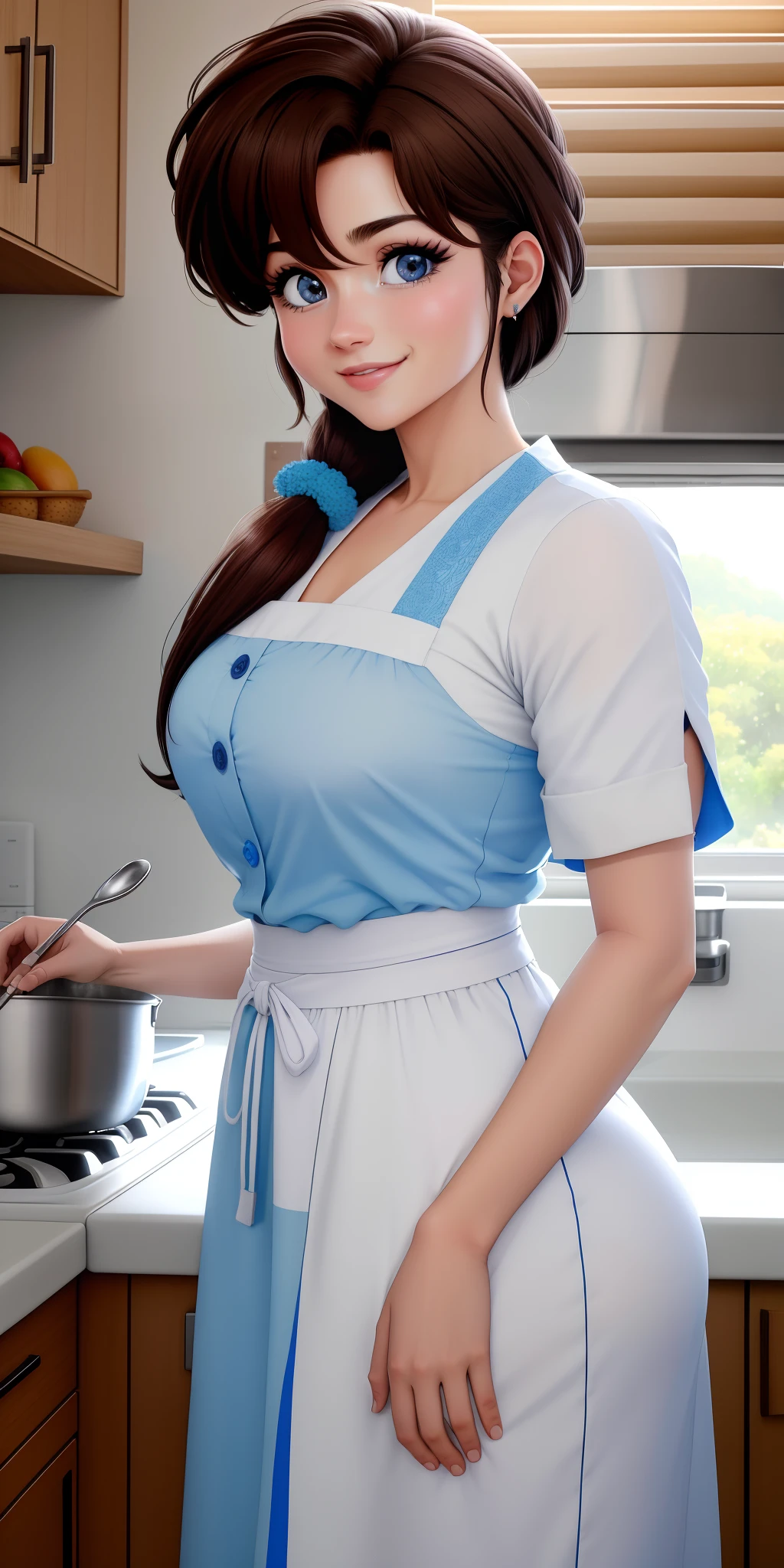 tendou_Kasumi, delantal_Blanco_Volante, luz_azul_vestido_KSM, En pie, solamente, senos grandes,, Obra maestra, La mejor calidad, Cara detallada, ojos detallados, Beautiful smiling woman, cara feliz,rubor,Altas Resoluciones,cara hiperrealista, ojos brillantes, ojos detallados, cocina casa japonesa,luz espectacular, cocinera, cocinando, NSFW, mostrando muslos,