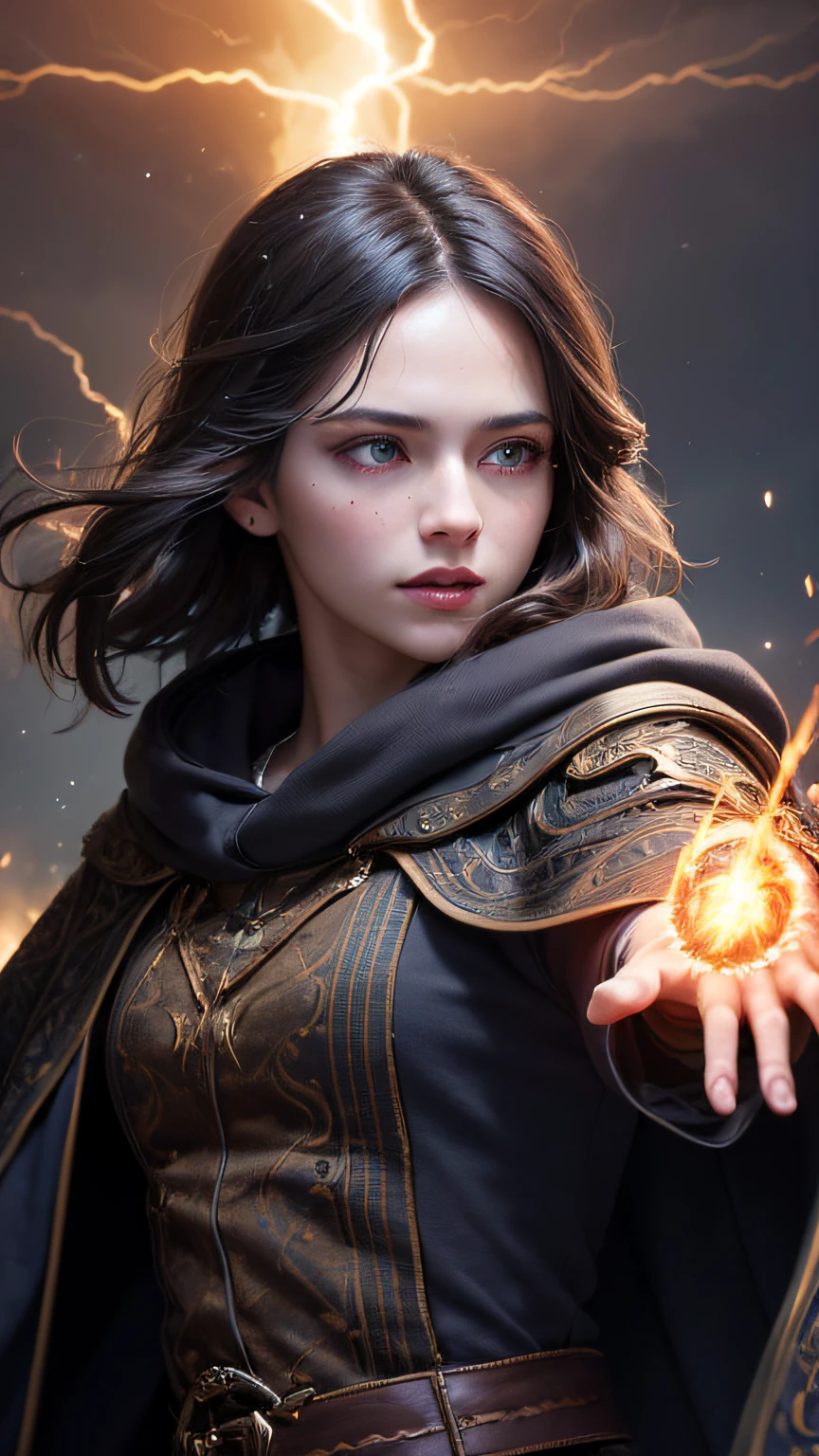 (skindentation:1.5), Realistic, Photorealistic, (masterpiece:1.5), concept art, intricate details, highly detailed, photorealistic, octane render, 8k, unreal engine, dynamic pose, best quality, highres, (realistic face:1.1), (hyperrealistic:1.1), ((full_body)), perfect eyes,(shiny skin:1.2), (((hairstyle))), (((perfect hands))), (extremely detailed background), ((dynamic background)), ((lightning)), (light rays), ((1girl)), wearing cloak, (((flowing cloak))), ((detailed eyes, high quality eyes, high quality face)), (extremely intricate robes, magical robes), short hair, casting lightning, electricity, swirling fire, radiating power, sparks, smoke, magic, ((dramatic)), epic, battlefield, depth of field, bokeh, 4k, gothic, ember, particles,