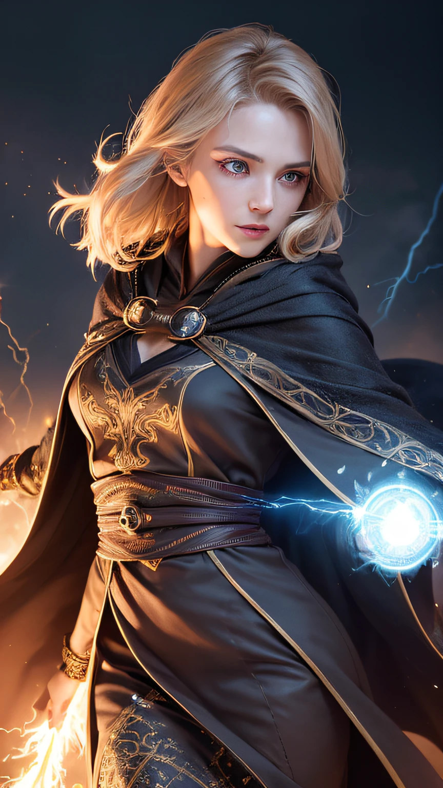 1girll,Battle Mage,(dent in the skin:1.5), Realistic, realisticlying, (tmasterpiece:1.5), concept-art, Complicated details, highly detailed, realisticlying, rendering by octane, 8K, unreal-engine, dynamicposes, best qualtiy, A high resolution, (photorealiscic face:1.1), (hyper realisitc:1.1), ((full_Body)), perfect eyes,(shiny skins:1.2), (((Hairstyles))), (((perfect hand))), (very highly detailed background), ((Dynamic background)), ((salama)), (llight rays), ((1girll)), is wearing casock, ((((Flowing cloak))), ((Detailed eyes, high-quality eyes, face with high quality)), (Extremely complex robes, Magic robes), short detailed hair, casting lightning, eletric, rotation fire, Radiant power, spark of light, smog, magia, ((dramatics)), Epic, battlefiled, depth of fields, Bokeh, 4K, gotik, ember, Particle,Magic world,absurderes,fanciful。