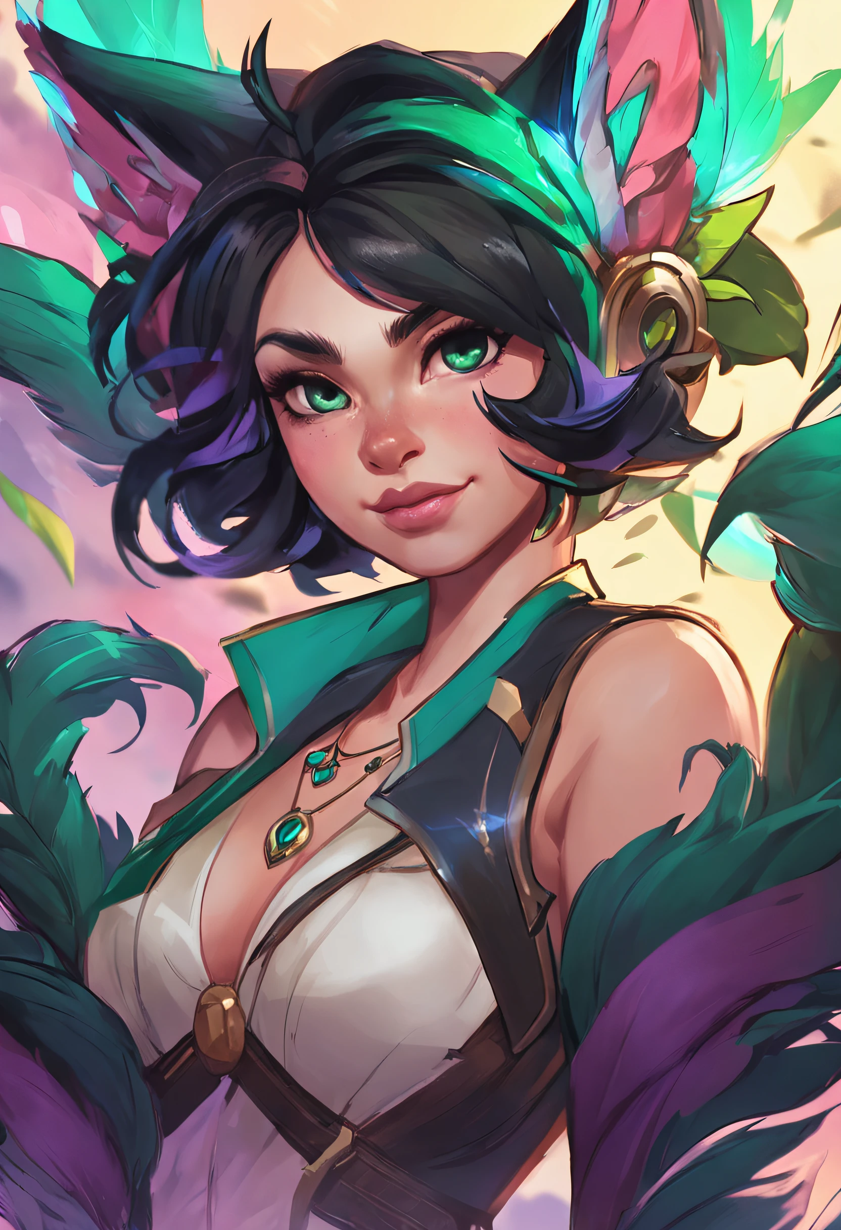 a close up of a girl in fur with black short hair, cat ears, green dress furr, peacock feathers in her hair healer alchemist, spiritual, cat ears , league of legends splash art league of legends art, league of legends concept art, splash art, league of legends character art, league of legends character, riot games concept art, official splash art, league of legends style art, from league of legends