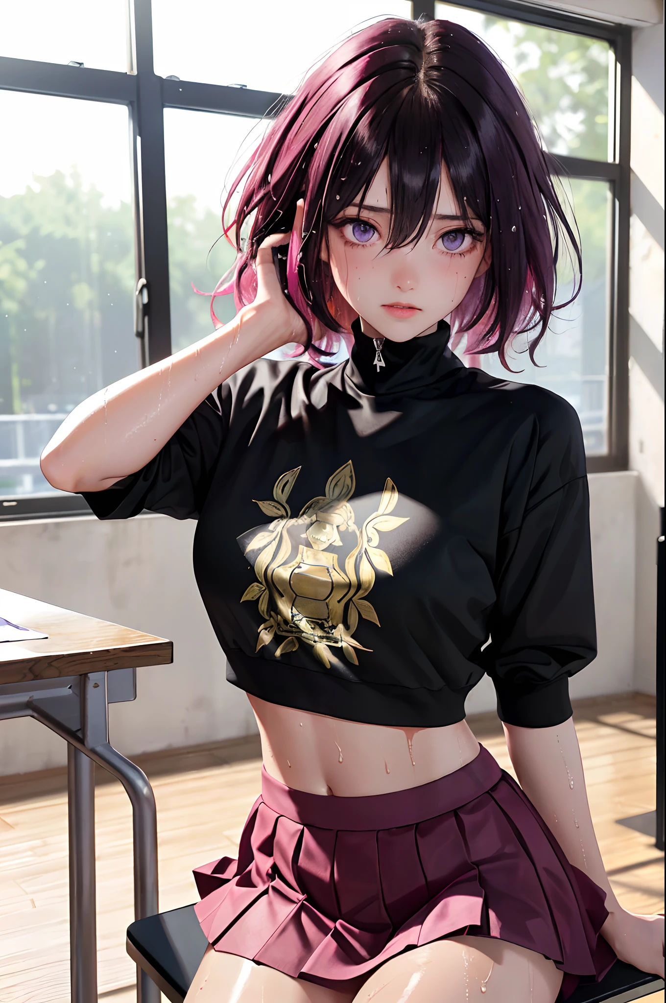 modelshoot style, (masterpiece:1.3), (absurdres:1.3), (best quality:1.3), (8K), (large masterpiece digital art), (detailed manga illustration), (handled hair), perfect anatomy, (intricate details:1.3), (ultra-detailed:1.3), (illustration:1.3), (sharp focus:1.3), (vivid colors:1.3), 1girl, solo, azki, idol, (short hair:1), hair between eyes, multicolored hair, (two-tone hair, pink hair, black hair), purple eyes, floating hair, leaning back, (sweat, sweatdrops), (wet, wet clothes, wet hair, glossy), (shy, embarassed, blush), cheerleader, crop top, skirt, miniskirt, indoors, (classroom, school desk, school chair, window)